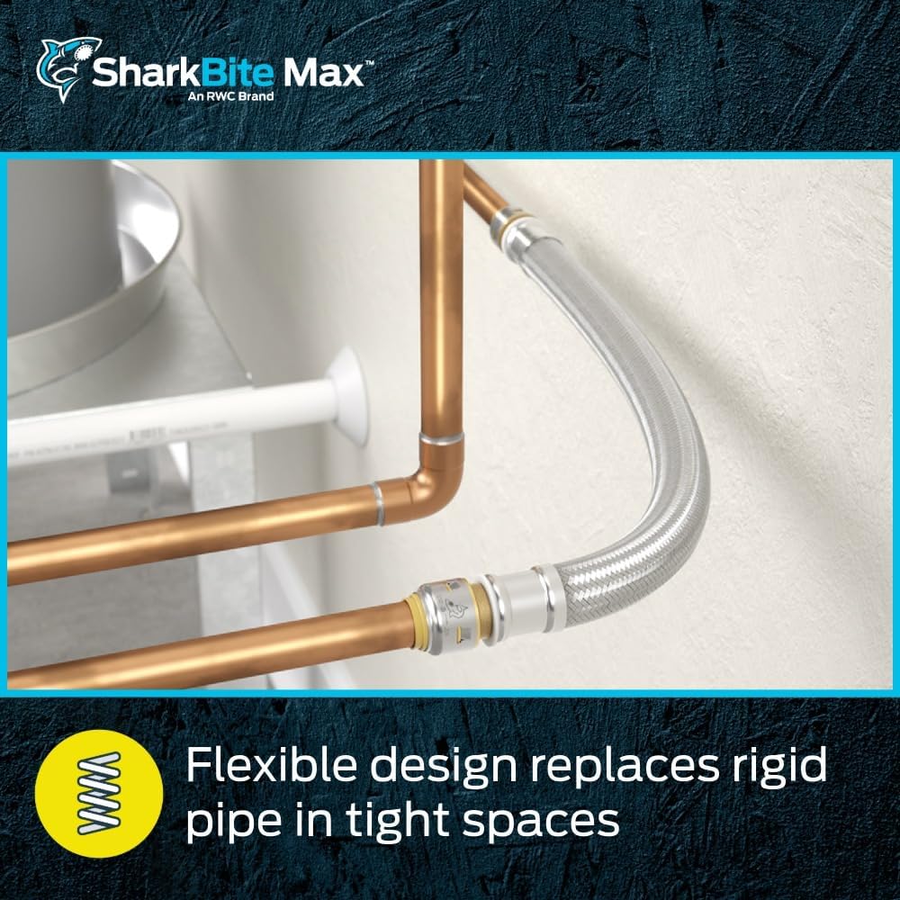 SharkBite Max 1/2 Inch x 1/2 Inch x 18 In. Braided Flexible Repair Coupling Hose, Push-to-Connect Brass Plumbing Fitting, UR3008FX18