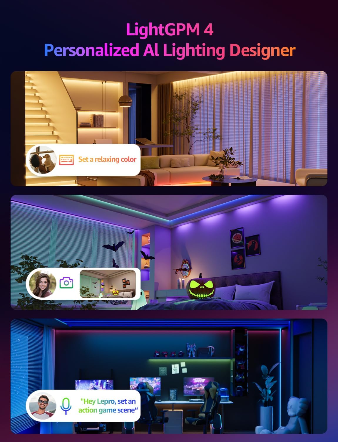 Lepro SE1 AI Smart LED Strip Lights - 65.6ft RGB Color Changing Light Strips with APP Control, AI Generated Lighting, Music Sync, 2.4GHz Wi-Fi & Bluetooth LED Lights for Home Decor (No Remote)
