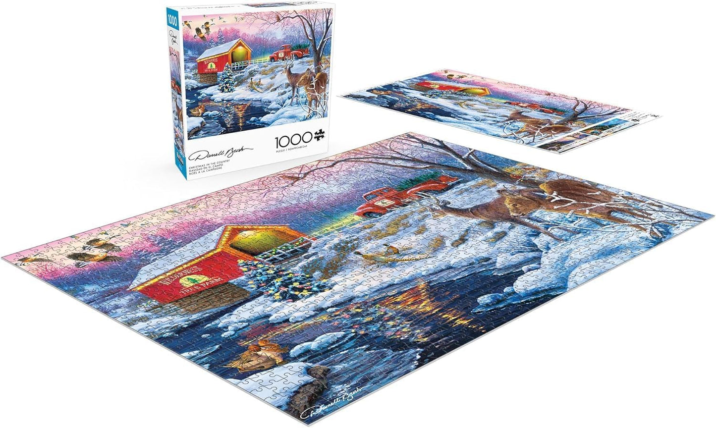 Buffalo - 1000 Piece Darrell Bush Christmas in The Country Jigsaw Puzzle - Winter, Holiday Scene with Deer and Christmas Tree - Challenging Puzzles for Adults and Families