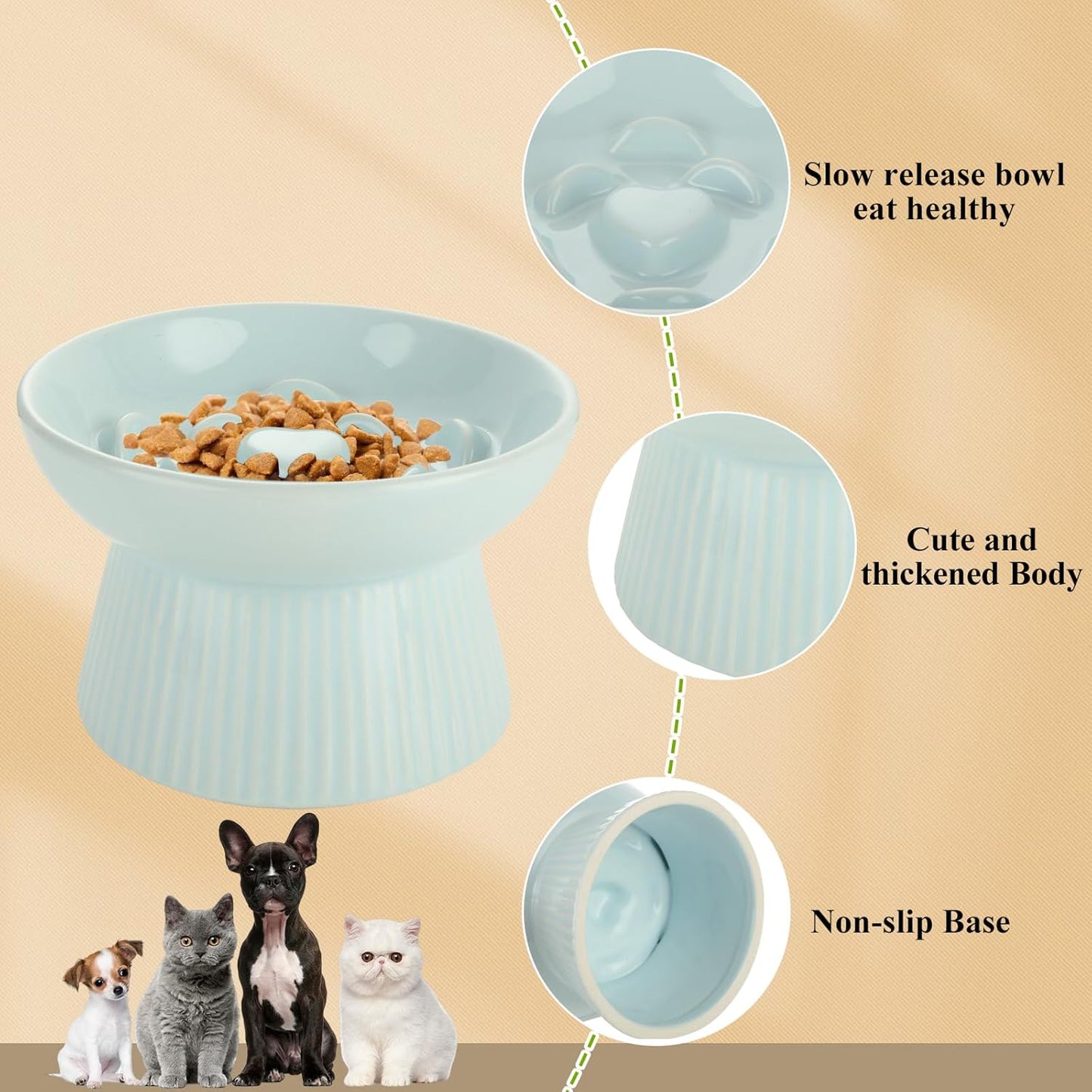 2 Pack Raised Cat Slow Feeder, Elevated Slow Feed Dish for Cats and Small Dogs, Ceramic Slow Feeder Cat Bowl, No Spill High Edge for Dry/Wet Food(Blue, Green)