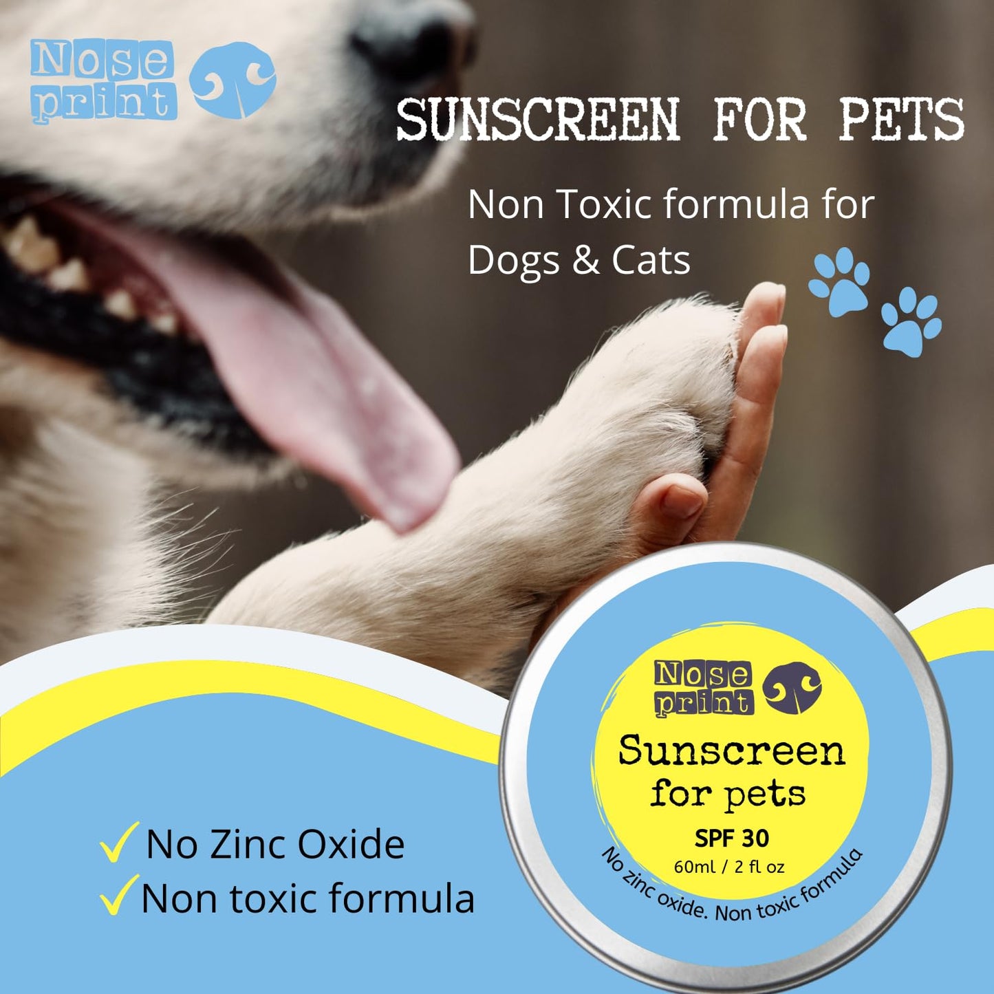 SPF 30 Pet Sunscreen | sun Protection For Pets 60 ML | Moisturising Sunscreen For Dogs And Cat Non-Toxic Formula Dog Nose | Dog Paw Balm Sun Cream Balm | Dog Sun Protection