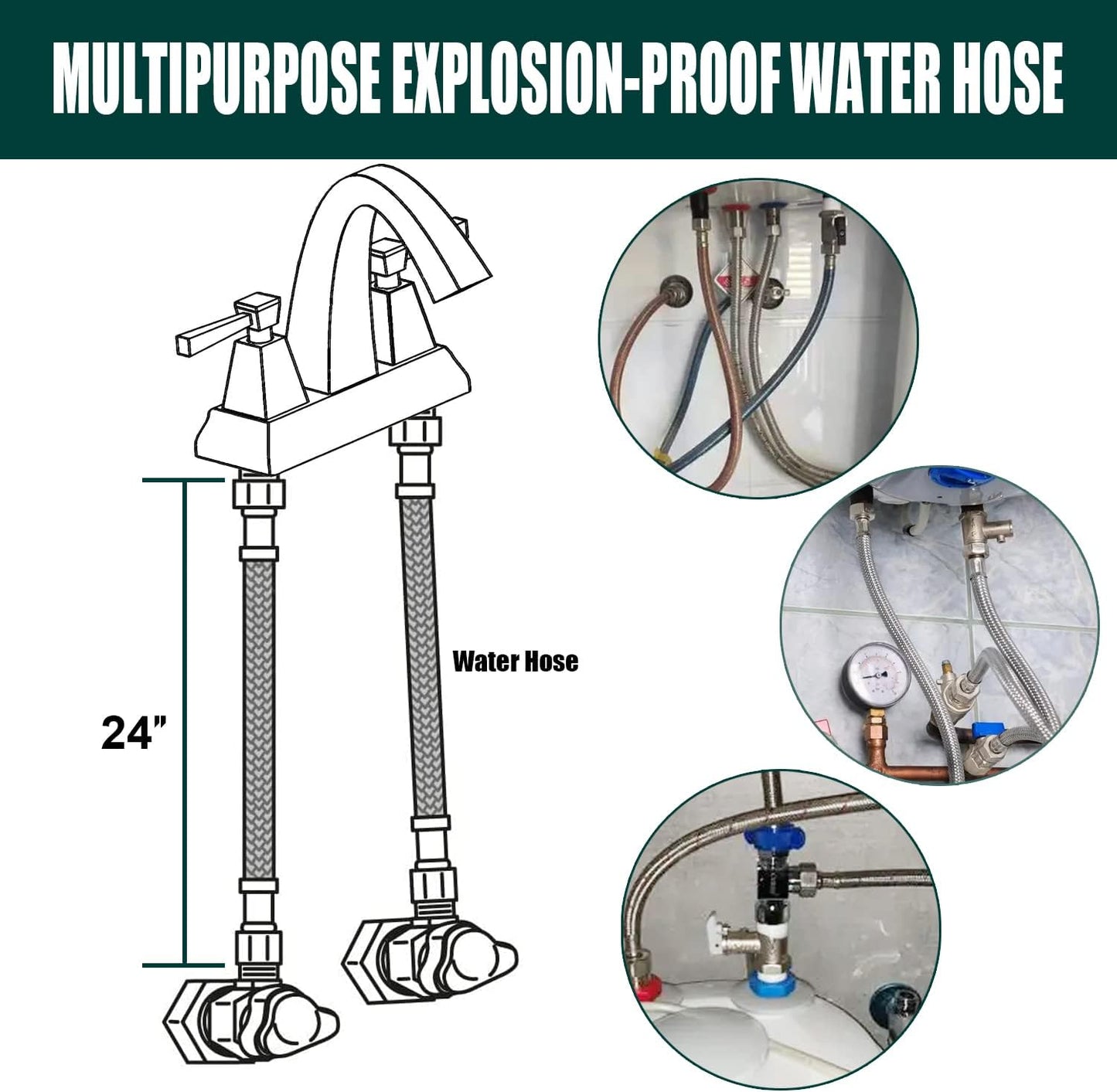 【New Version】Faucet Water Supply Connector Line Braided Stainless Steel, Premium Faucet Supply Line 24 inch - 3/8 Female Compression Thread x 1/2 Female Iron Pipe Thread (10 Pack)
