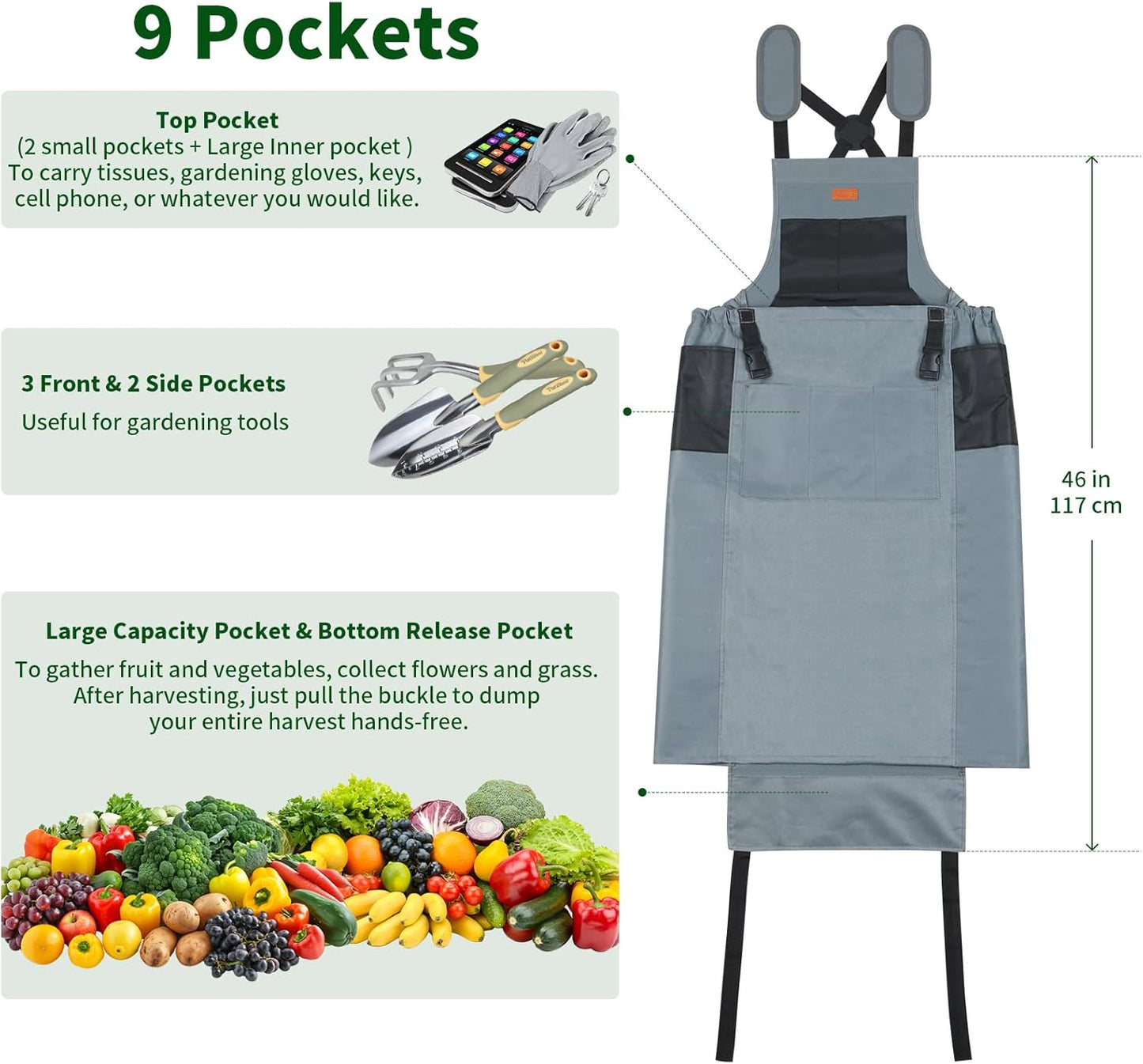 Garden Harvest Apron, Gardening Apron with Bottom Release Pocket for Women and Men, Gardening Gift for Gardeners