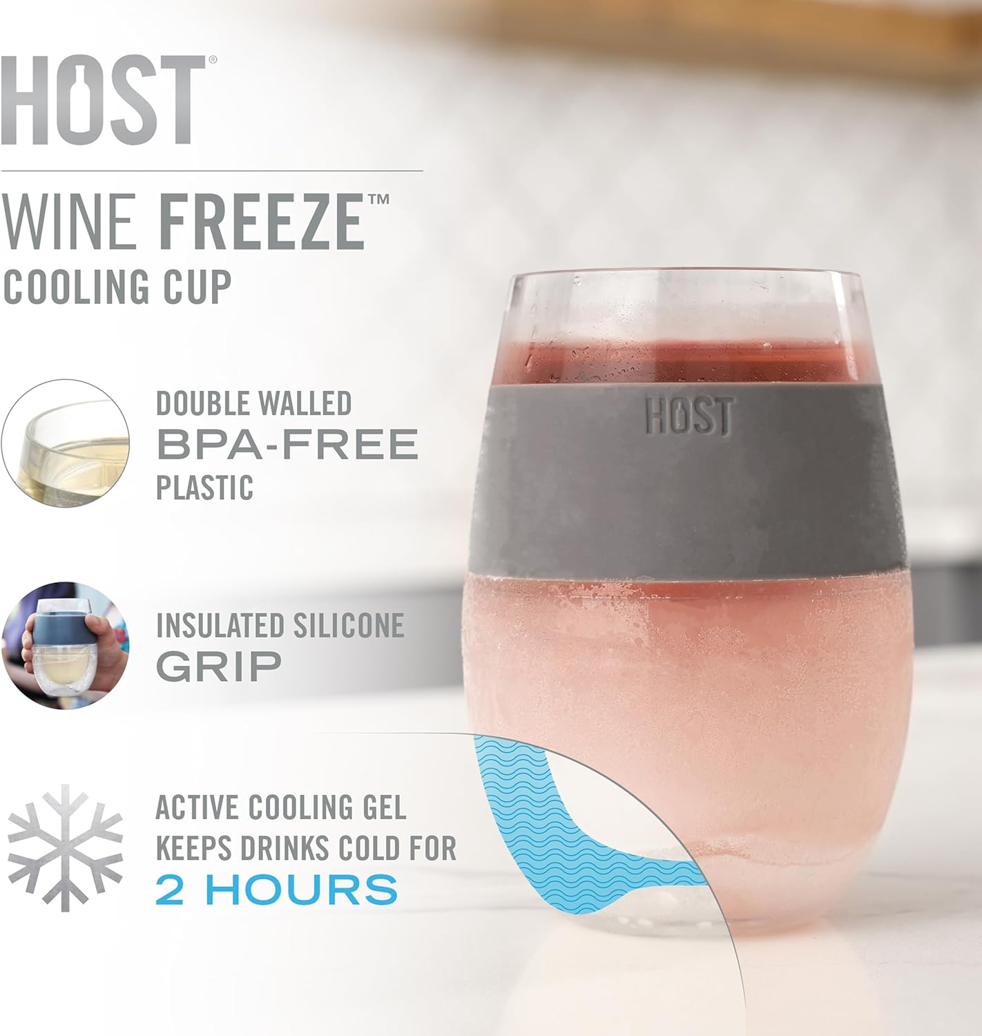 HOST Freeze Wine Glasses with Lids, Insulated Cooling Cups with Freezing Gel, Wine Tumbler Gifts for Women, Freezable Tumblers for Cocktails, Outdoor Party, and Home Bar Gifts, 8.5 oz Set of 2, Gray