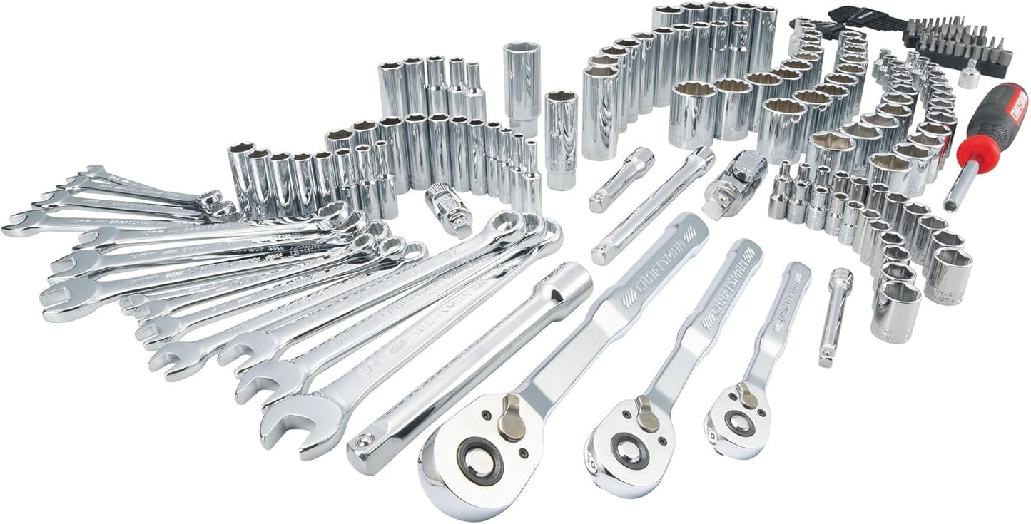 CRAFTSMAN Tool Set, 189 Piece Mechanics Tool Set, 1/4 ,3/8and 1/2 Inch Drive Socket Wrench Set with Thinner Ratchet, Steel 6 and 12point Sockets, Wrenches, Hex Keys and Specialty Bits (CMMT12134)
