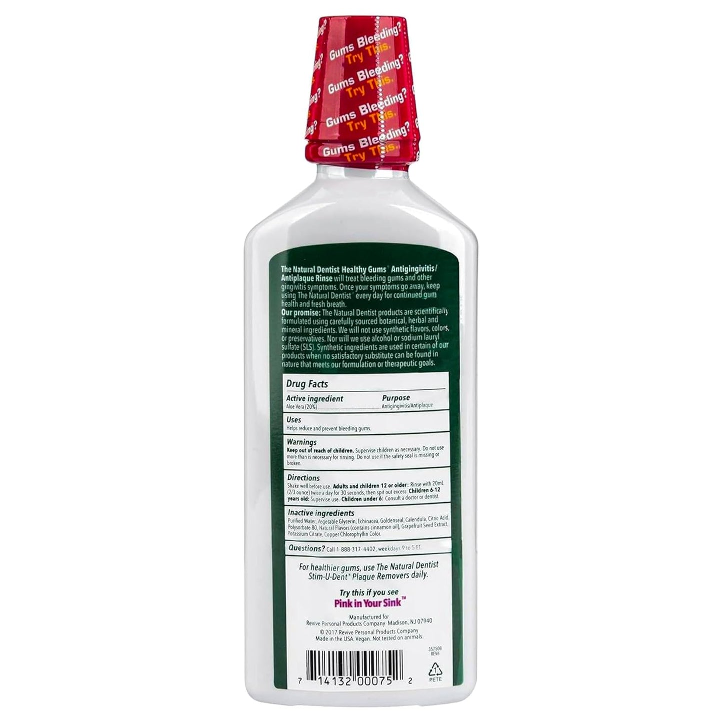 The Natural Dentist Healthy Gums Antigingivitis/Antiplaque Rinse, Adults 12 & Up, Gingivitis Mouthwash, Bleeding Gums Treatment, Safe for Chemotherapy Patients, Aloe Vera, Alcohol-free, 16.9 fl oz