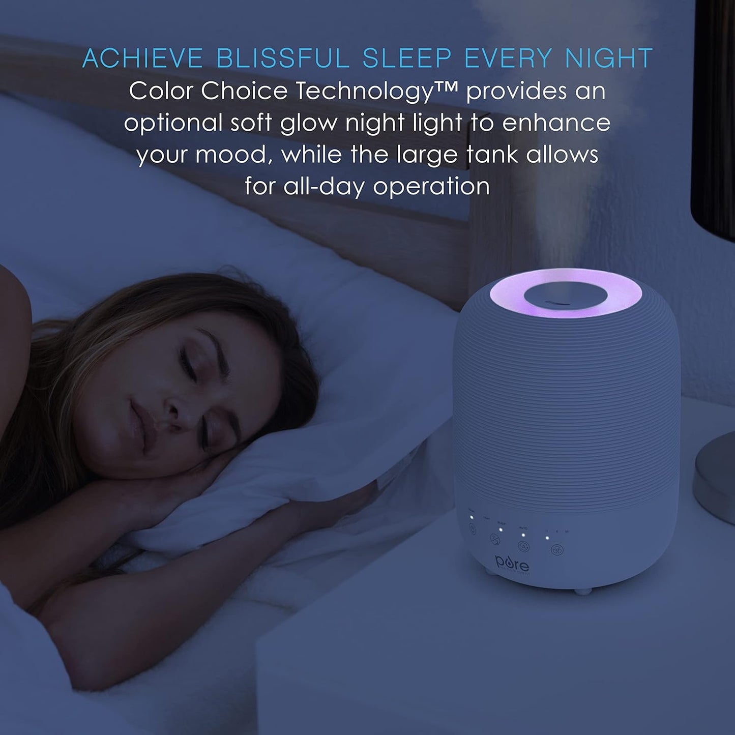 Pure Enrichment® HUME™ Sense Top Fill Humidifier – Large 3L Tank, Auto Mode Humidity Sensor, 3 Mist Settings, Optional Night Light, Optional Aromatherapy, Sleep Mode & Auto Shut-Off
