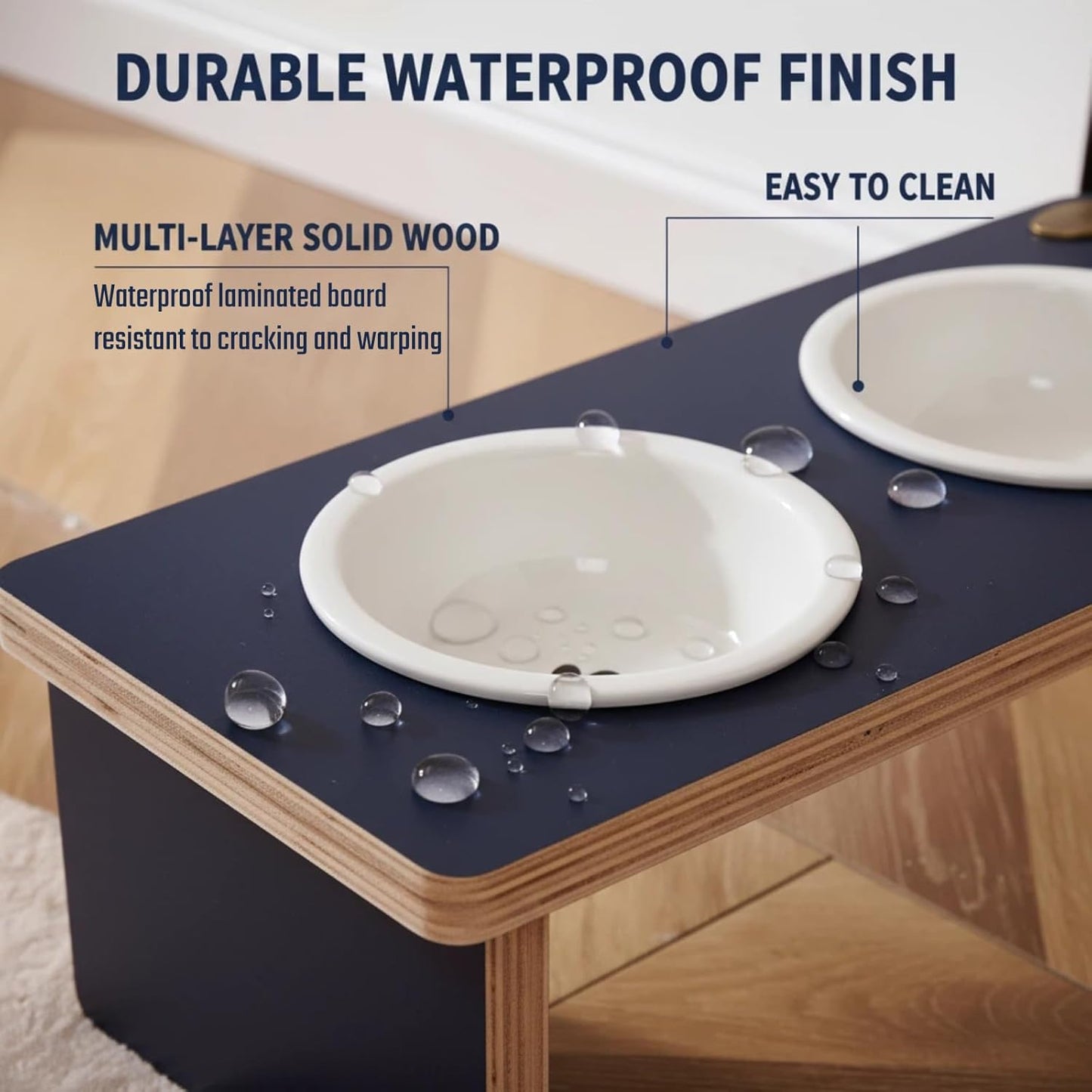 Elegant Raised Dog Bowl Stand with 2 Ceramic Bowls - Waterproof Multi-Layer Solid Wood Design for Small Dogs or Cats ，Anti-tip 3.9 lb Heavy-Duty Food Prep Station (11.8oz/1.5 Cup)