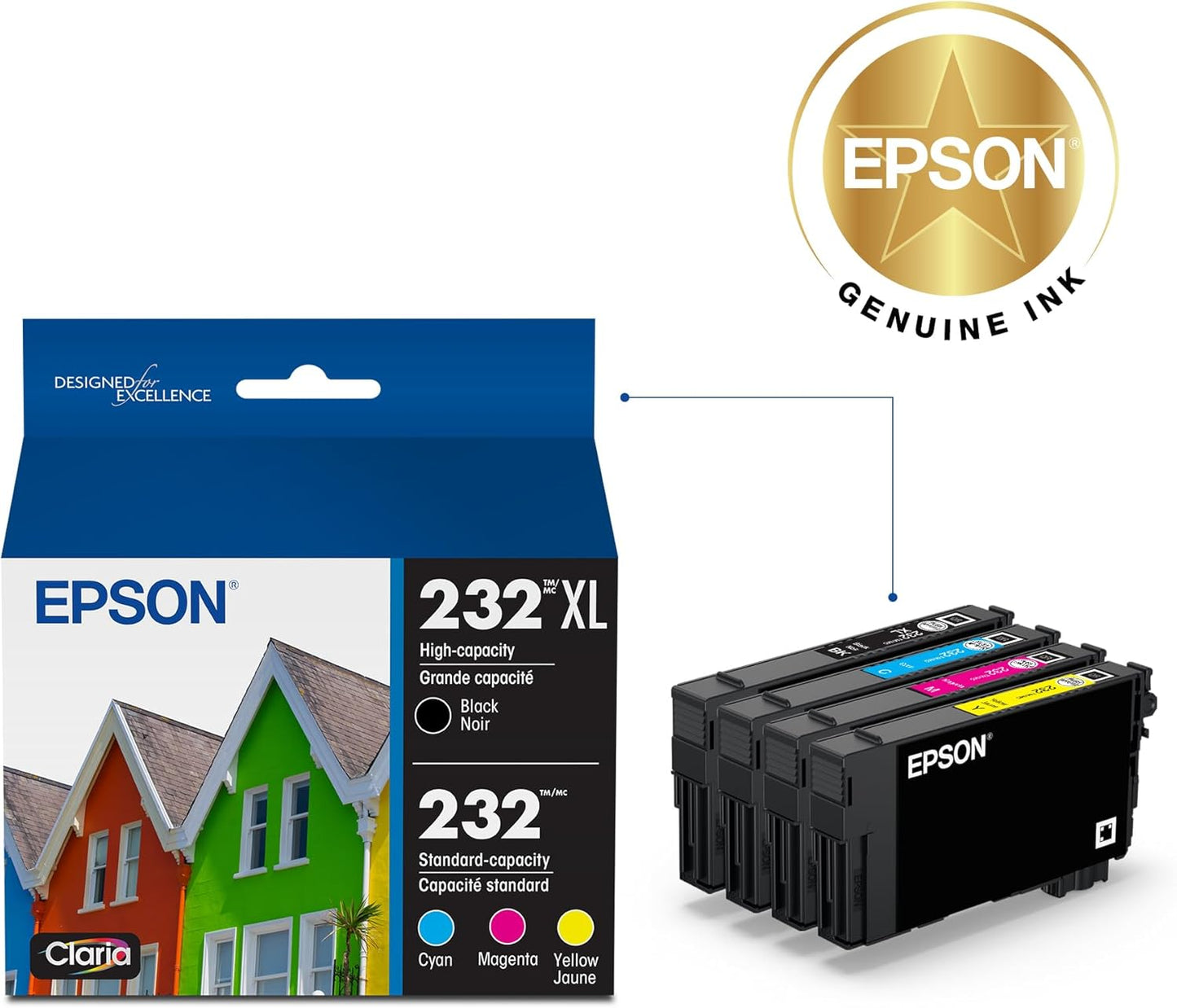 EPSON 232 Claria Ink High Capacity Black & Standard Color Cartridge Combo Pack (T232XL-BCS) Works with WorkForce WF-2930, 2950 and Expression XP-4200, 4205
