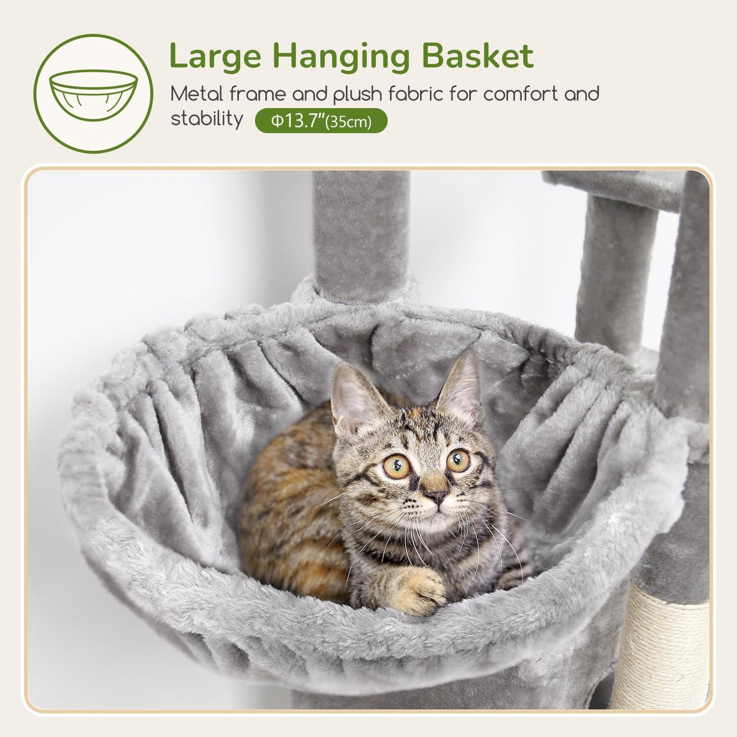 Globlazer Cat Tree for Indoor Cats Large Adult, 74in Tall Cat Tower with Scratching Post, Heavy Duty Cat Tree Tower with 2 Spacious Caves, Oversized Top Perch, Big Hanging Basket, F74B, Light Grey