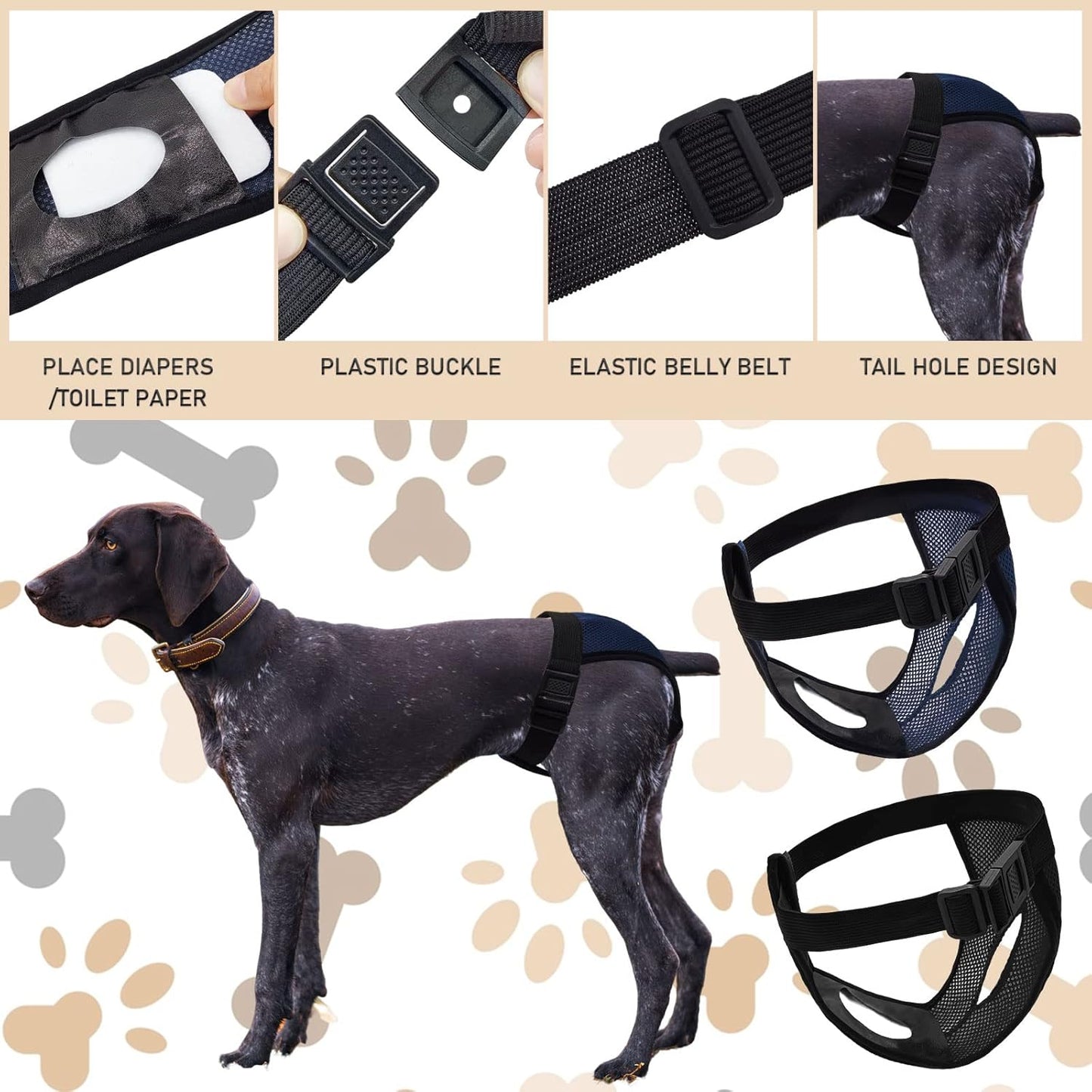 BLMHTWO 2PCS Dog Pants Dog Nappies, Dogs Period Pants with 6PCS Washable Female Dogs Season Pants Adjustable Protective Trousers for Female Puppy in Heat Monthly, Black, Blue