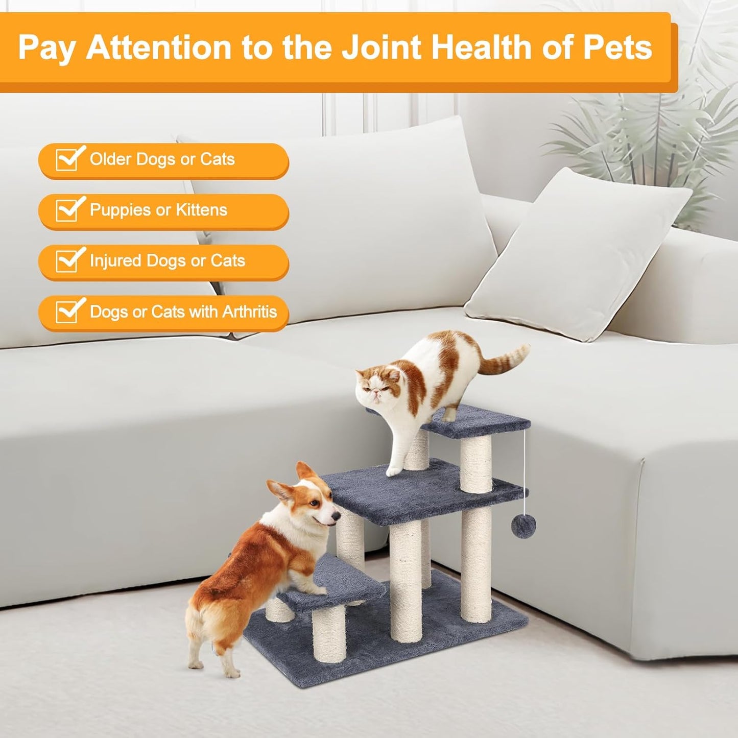 Dog Stairs, Cat Scratching Post 3 Steps Stairs for Cats and Dogs, Stable 20 inch Pet Stairs for High Beds & Sofas Protect Pet's Joints, Grey