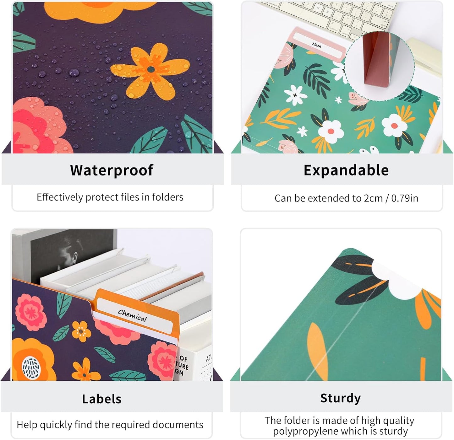 EOOUT 9pcs Decorative File Folders Letter Size, 1/3-Cut Tabs Plastic File Folders for Documents with Colorful Floral Patterns and Erasable Category Labels for Notes Office and School Supplies
