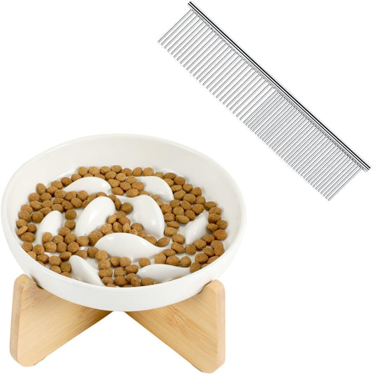 Pettom Pet Steel Grooming Tool Poodle Finishing Butter Comb 7 1/2-inch L silver Slow Feeder Cat Bowl with Stand, Ceramic Slow Eating Cat Bowl with Higher Edges Fish Pool Design Elevated Cat Food Bowl