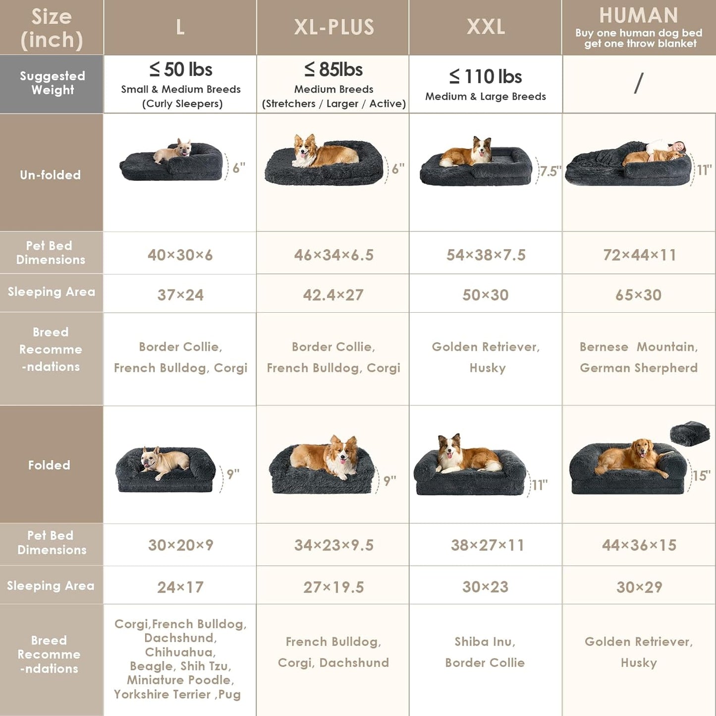 EHEYCIGA Foldable Human Dog Bed, 72"x44"x11" Orthopedic Memory Foam Human Sized Dog Bed, Waterproof Pet Bed for People, Faux Fur Pet Couch for Adult with Non-Slip Bottom, Dark Grey