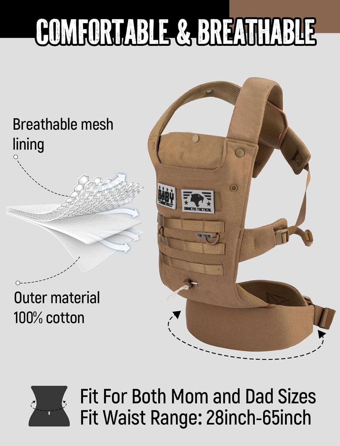 Ergonomic Lumbar Support Baby Carrier for Infants to Toddlers (8-33 lbs), Cozy and Lightweight Military Baby Carrier for Big and Tall Parents- Coyote Brown