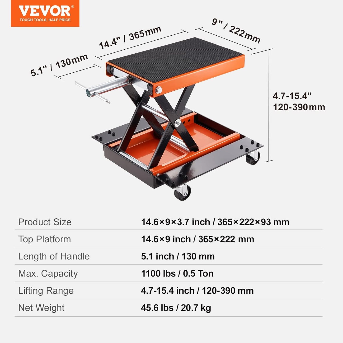 VEVOR Motorcycle Lift, 1100 LBS Motorcycle Lift ATV Scissor Lift Jack with Dolly & Hand Crank, Center Hoist Crank Stand with Wide Deck & Tool Tray for Street Bikes, Cruiser Bikes, Touring Motorcycles