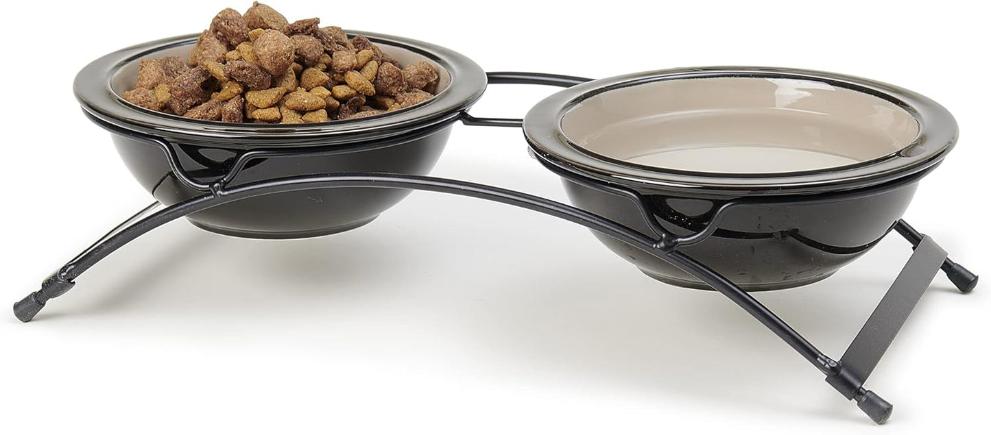 Petrageous 44339 Buddys Best Steel Frame Non-Skid Raised Dog Feeder 13-Inch by 5.75-Inch by 3-Inch Tall Anti Slip Dog Diner with 2 Dishwasher-Safe Stoneware 6-Inch 2-Cup Capacity Bowls, Brown