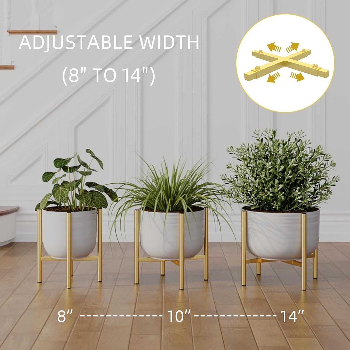 Adjustable Metal Plant Stand Indoor, Mid Century Modern Outdoor Planter Holder for 8 to 14 Inch Pots, Heavy Duty 160 LB Load, Corner Floor Stand for Home Garden Decor Golden