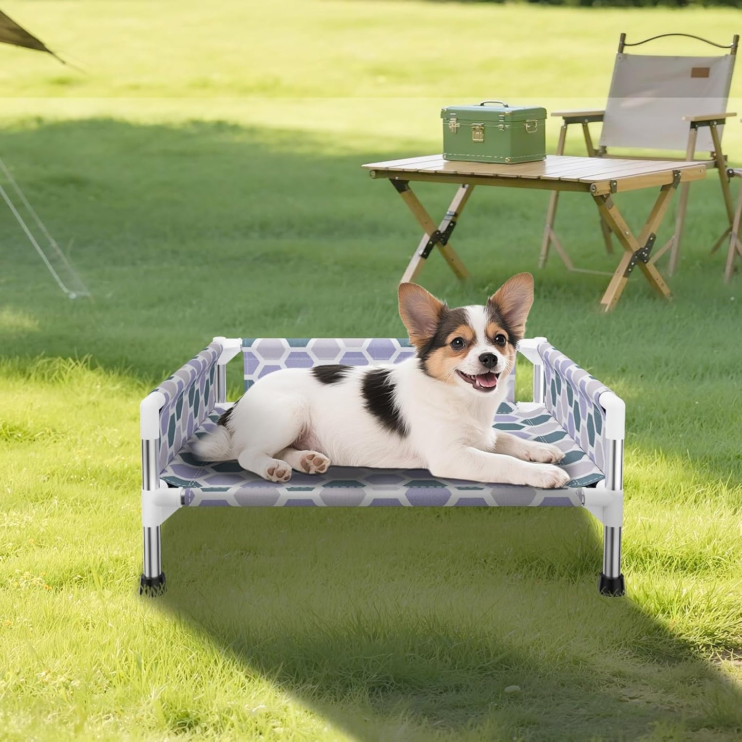 Elevated Dog Bed, Cooling Outdoor Dog Cot with 3-Sided Guard Rails, Raised Pet Bed for Indoor and Outdoor, Durable & Breathable(19.8" L x 19.8" W x 5.9" Th)