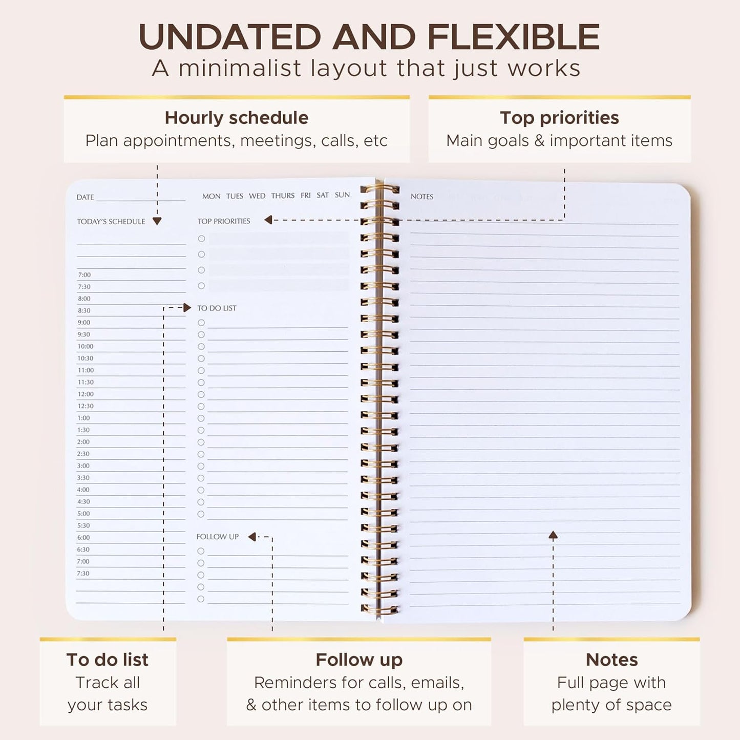 Simple Daily Planner Undated & To Do List Notebook for Work: With Hourly Schedule - 6.5x9.25" Terracotta - Aesthetic Planner Notebook for Life Tasks - Day & Hour Agenda, Organizer Notepad Journal