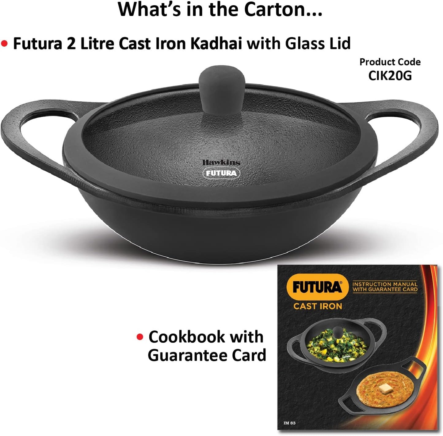 Hawkins Futura 2 Litre Cast Iron Kadhai, Naturally Nonstick Cast Iron Kadai with Glass Lid, Cast Iron Cookware for Kitchen, Black (CIK20G)
