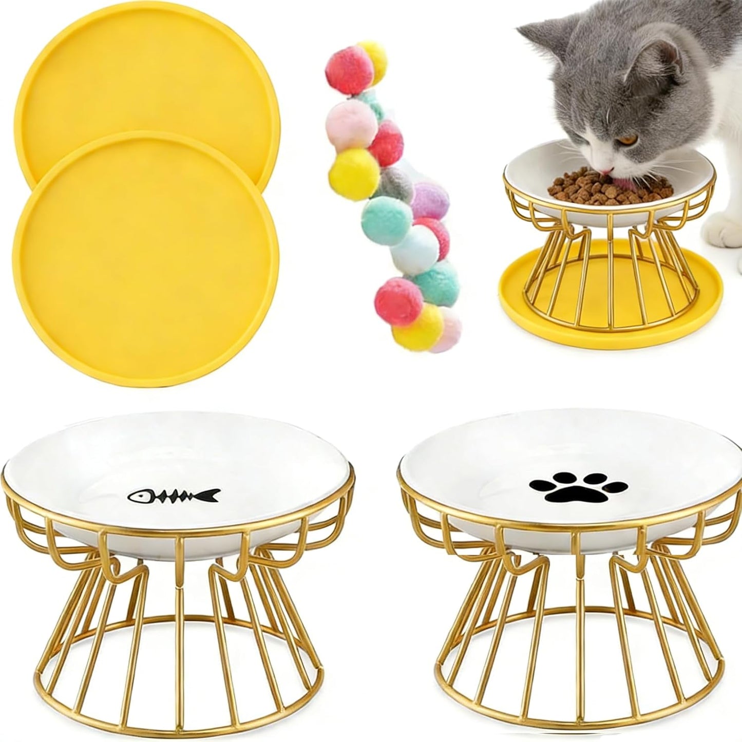 2 Pieces Elevated Cat Bowls Stand Tilted Pet Ceramic Bowls Raised Dogs Plate Non-Slip Mat for Cats and Puppy (Gold)