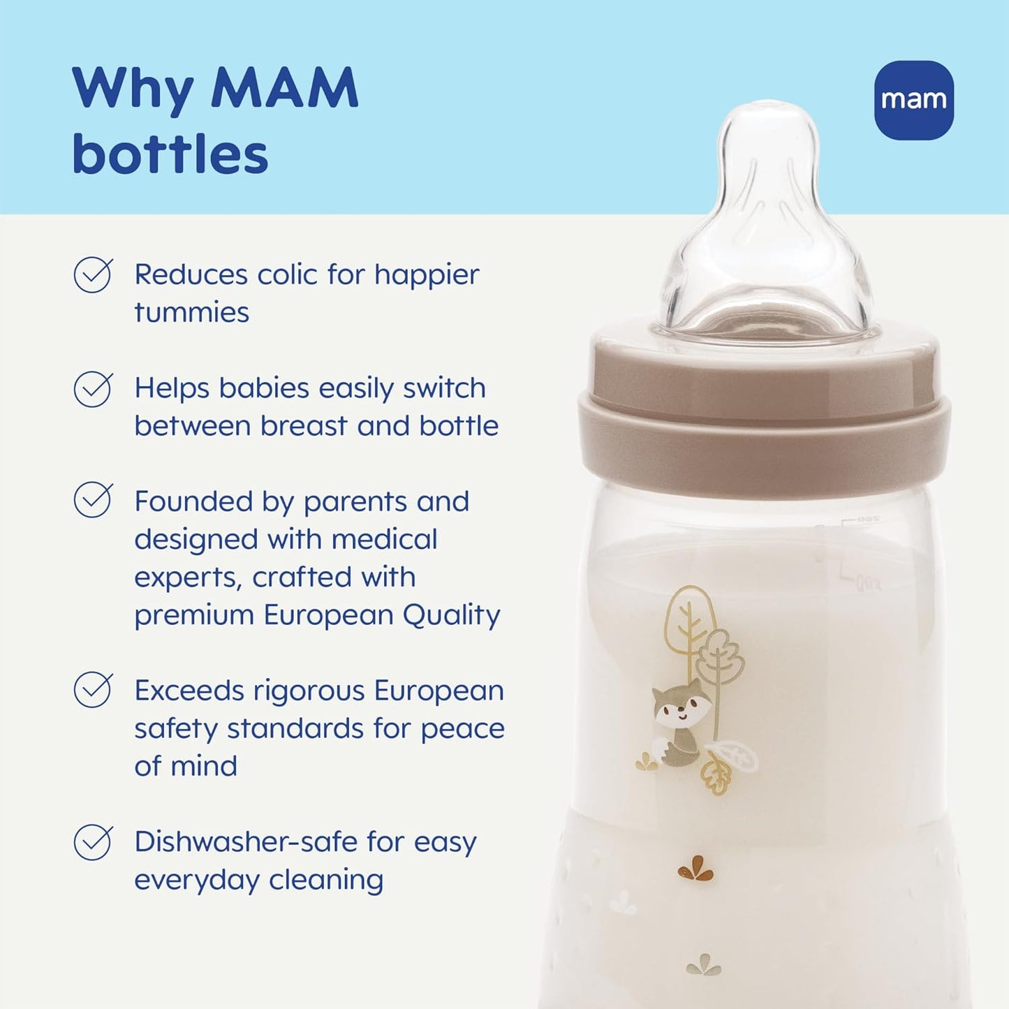 MAM 9oz Easy Start Anti-Colic Wide Neck Baby Bottle, Medium Flow Breastfeeding-Like Nipple, Reduces Colic Gas & Reflux, Easy to Clean, BPA Free, 2+ Months, Bonus Fast Flow Nipple, 4 Pack