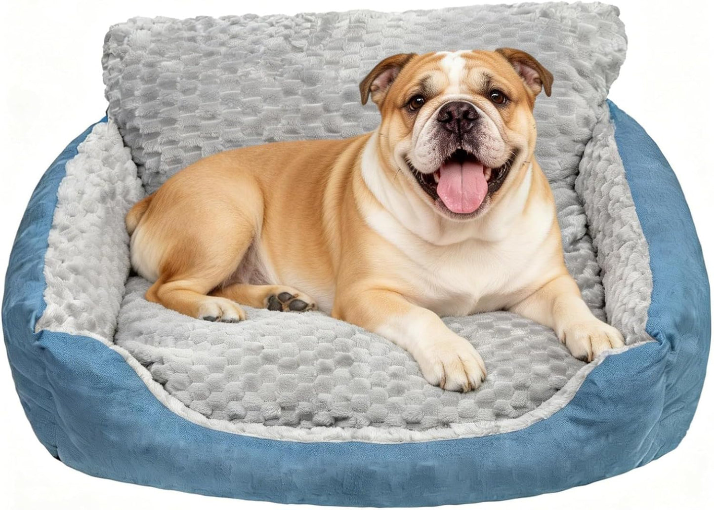 Medium Dog Bed Sofa Style with Plush Gray Interior and Blue Exterior, Cozy Lounger for Dogs (M(30" L x 24" W x 13" Th))