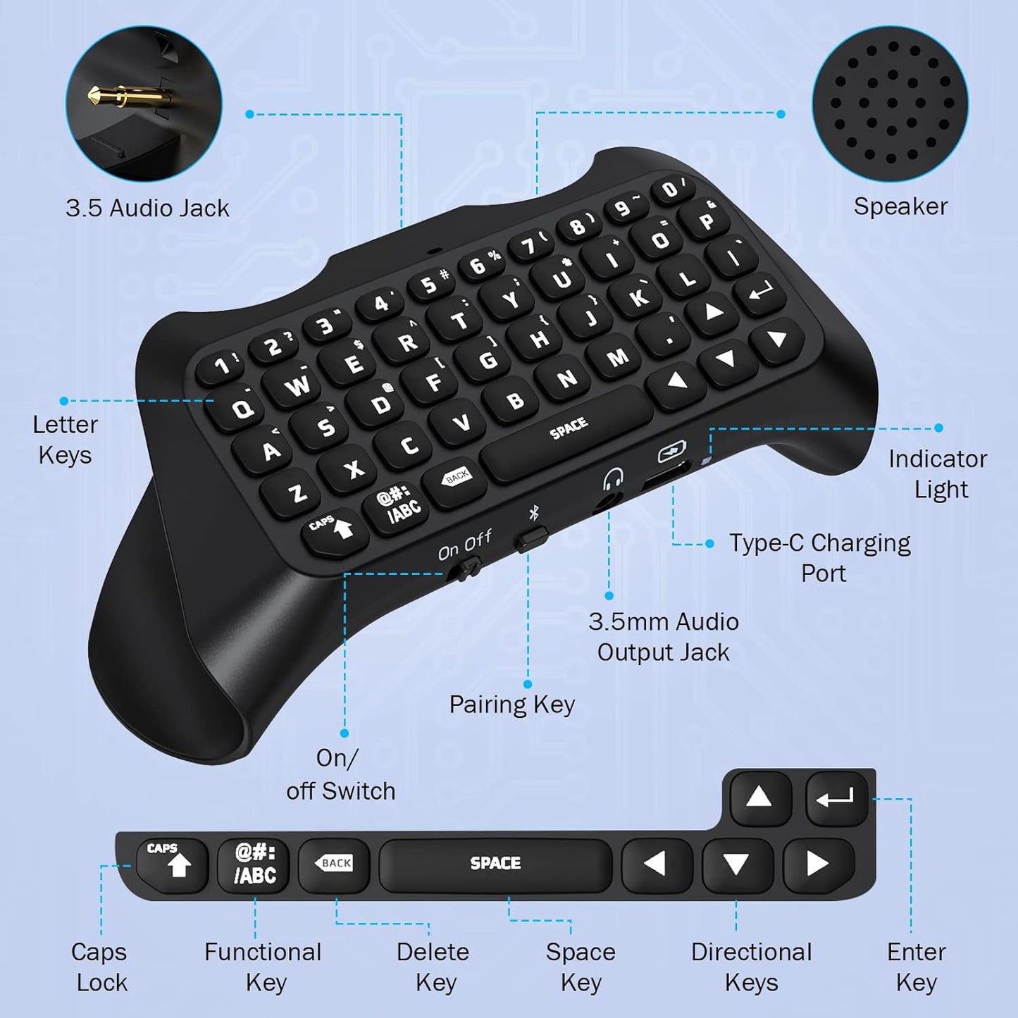 MoKo Keyboard for PS5 Controller with Green Backlight, Bluetooth Wireless Mini Keypad Chatpad for PlayStation 5, Built-in Speaker & 3.5mm Audio Jack for PS5 Controller Accessories