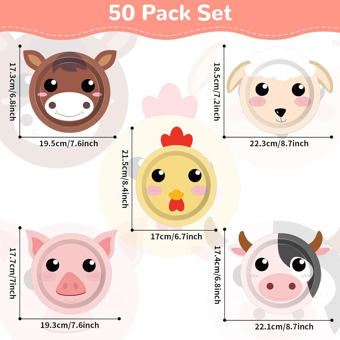 50 Count Farm Animals Party Paper Plates Farm Theme Shaped Disposable Plates Farmhouse Birthday Tableware Animal Cake Supplies for Birthday Baby Shower Farmhouse Fun Barnyard Animals Party Favors