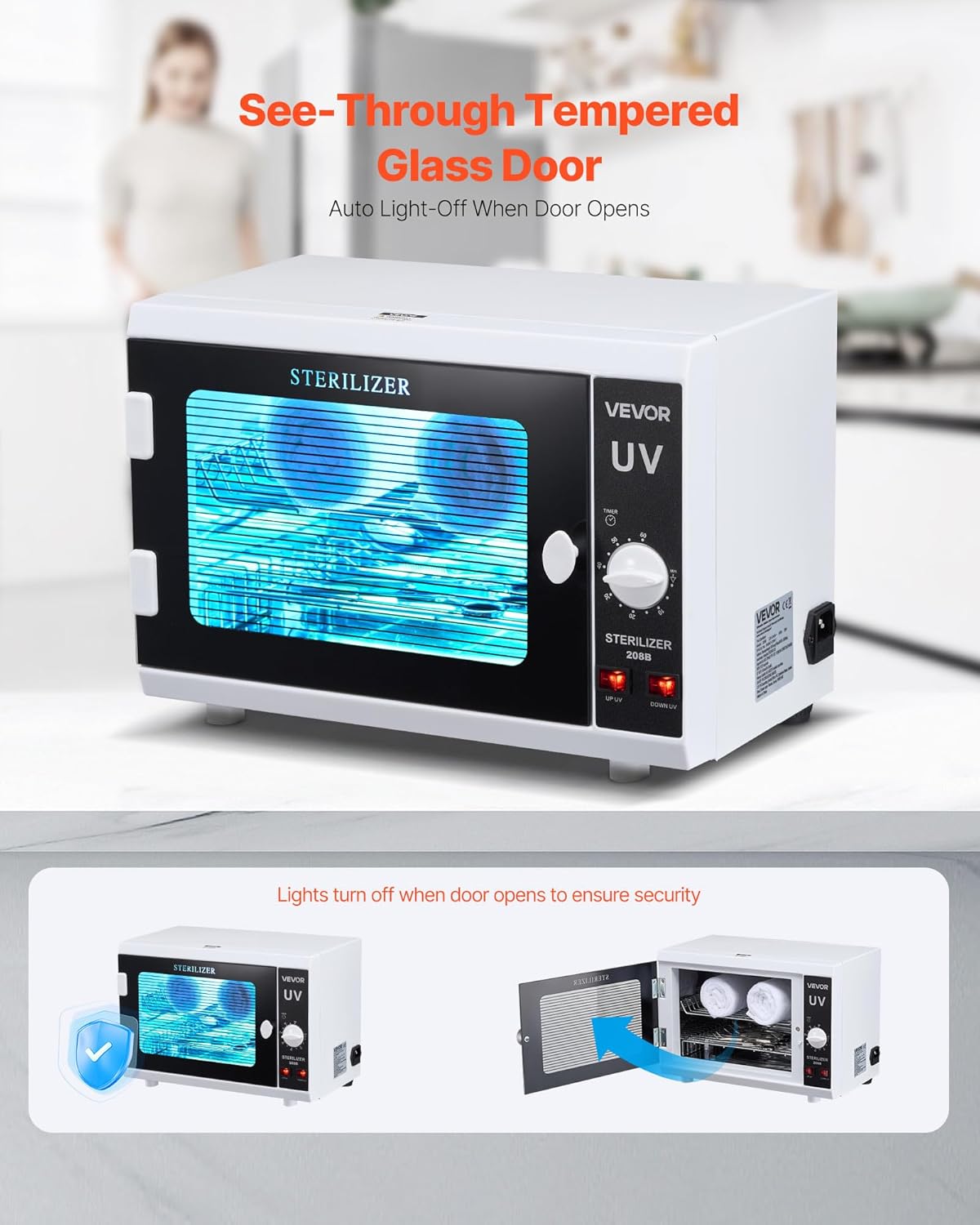VEVOR Nail Tool Cleaning Machine, 12L Large Capacity, Knob Control, Tool Cabinet Cleaner Box with Timer Setting, Tempered Glass Door, 185nm Wavelength, for Labs, Home, Nail Salons, Beauty Salons
