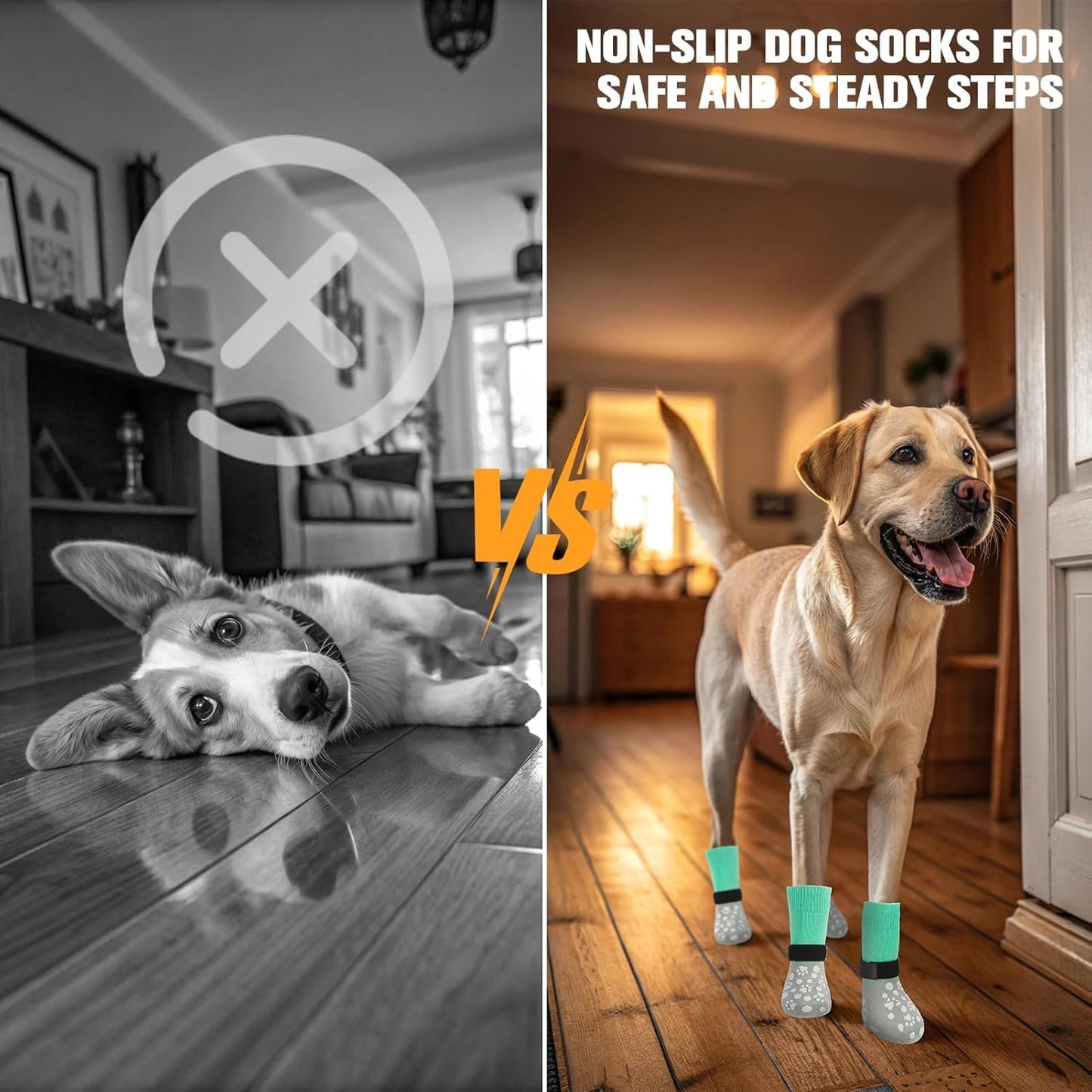 BINGPET Dog Socks to Prevent Licking Paws with Grippers for Hardwood Floors Anti Slip, Winter Warm Pet Shoes Booties, Extra-Thick Grip Dog Boots & Paw Protectors for Small Medium Large Senior Dogs, S