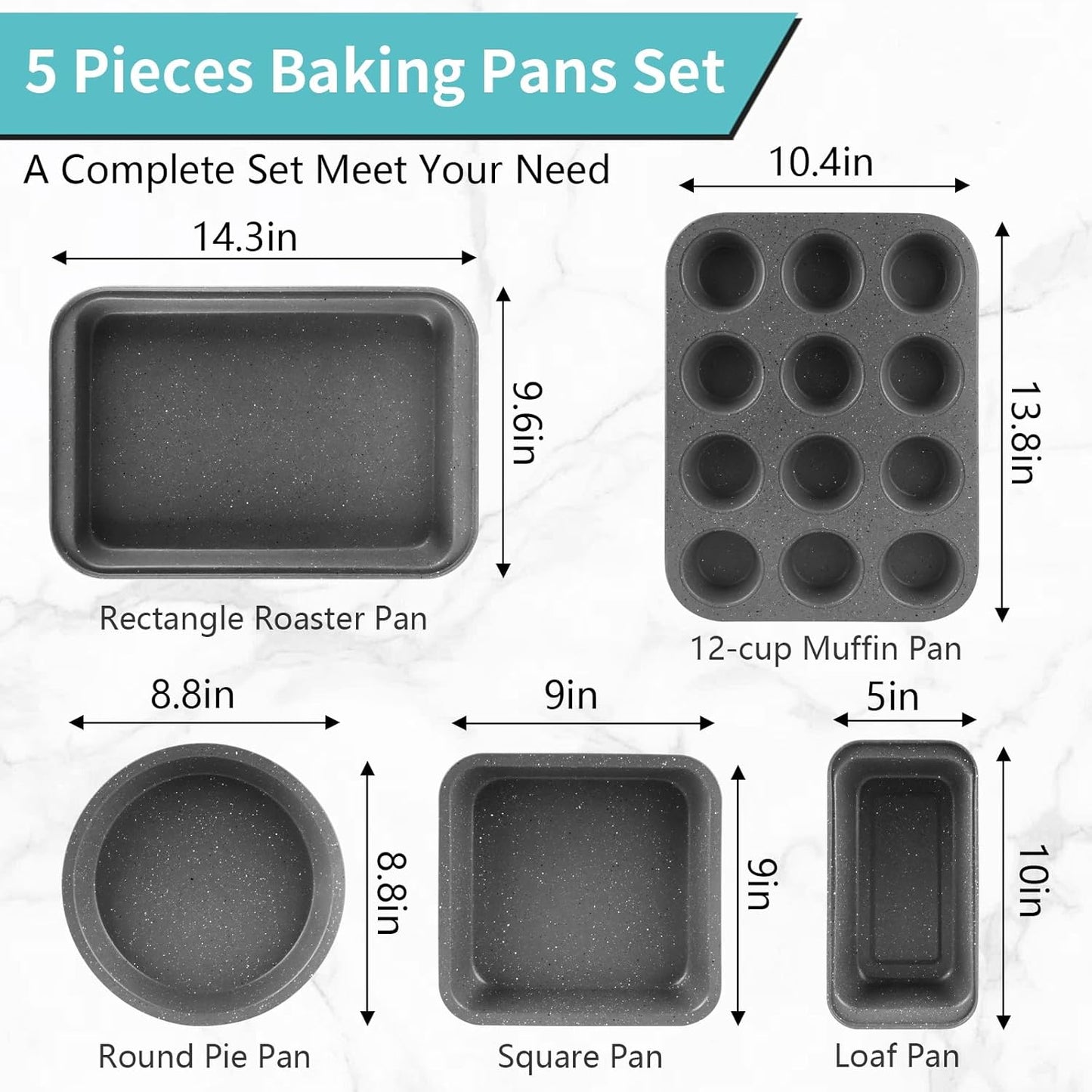 Baking Pans Set, 5 Piece Grey Marble Nonstick Bakeware with 100 Cupcake Liners – Stackable Carbon Steel Set for Small Kitchens, Apartments, Home Baking and Gifts