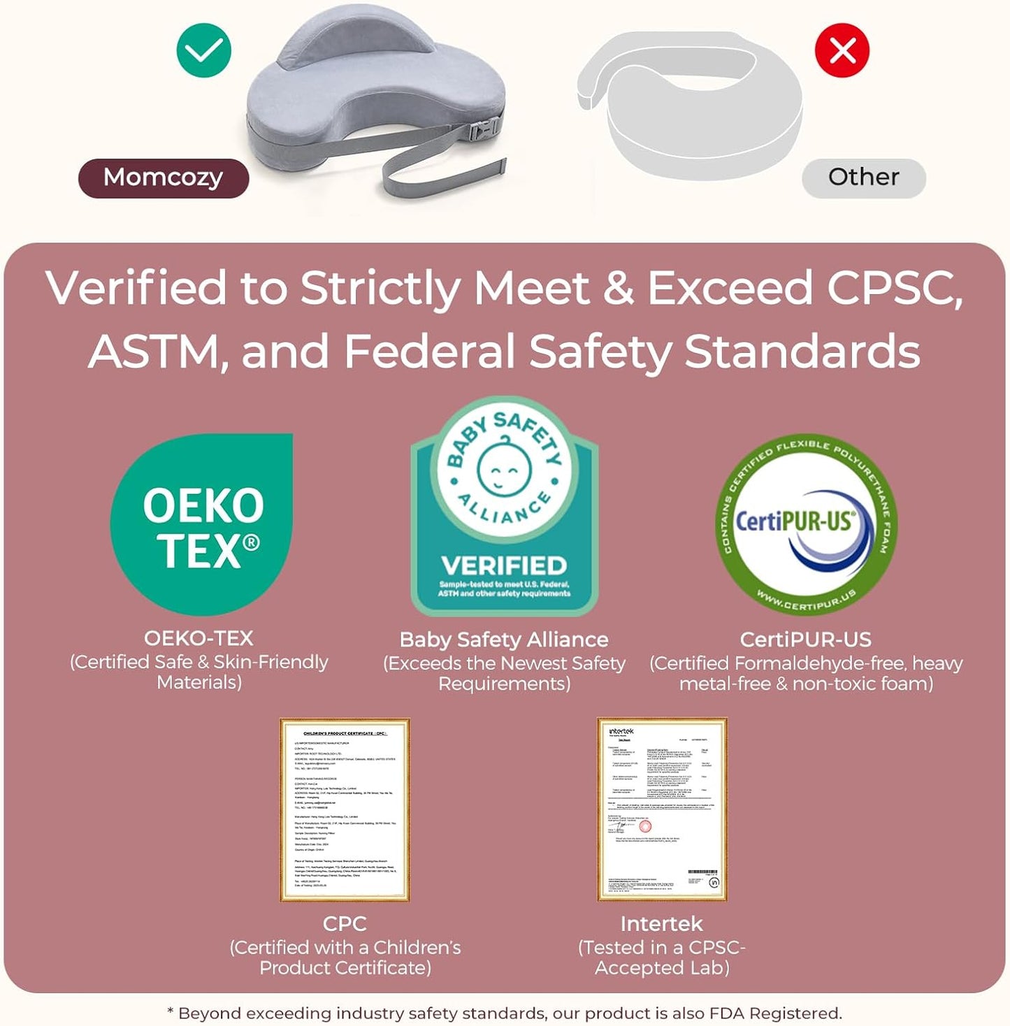 Momcozy Innovative Safety Guard Nursing Pillow - Firm & Springy Memory Foam - Stable, Ergonomic Support & Comfort - Wider Breastfeeding Cushion, Adjustable, Removable Cover, Baby Safety Certified
