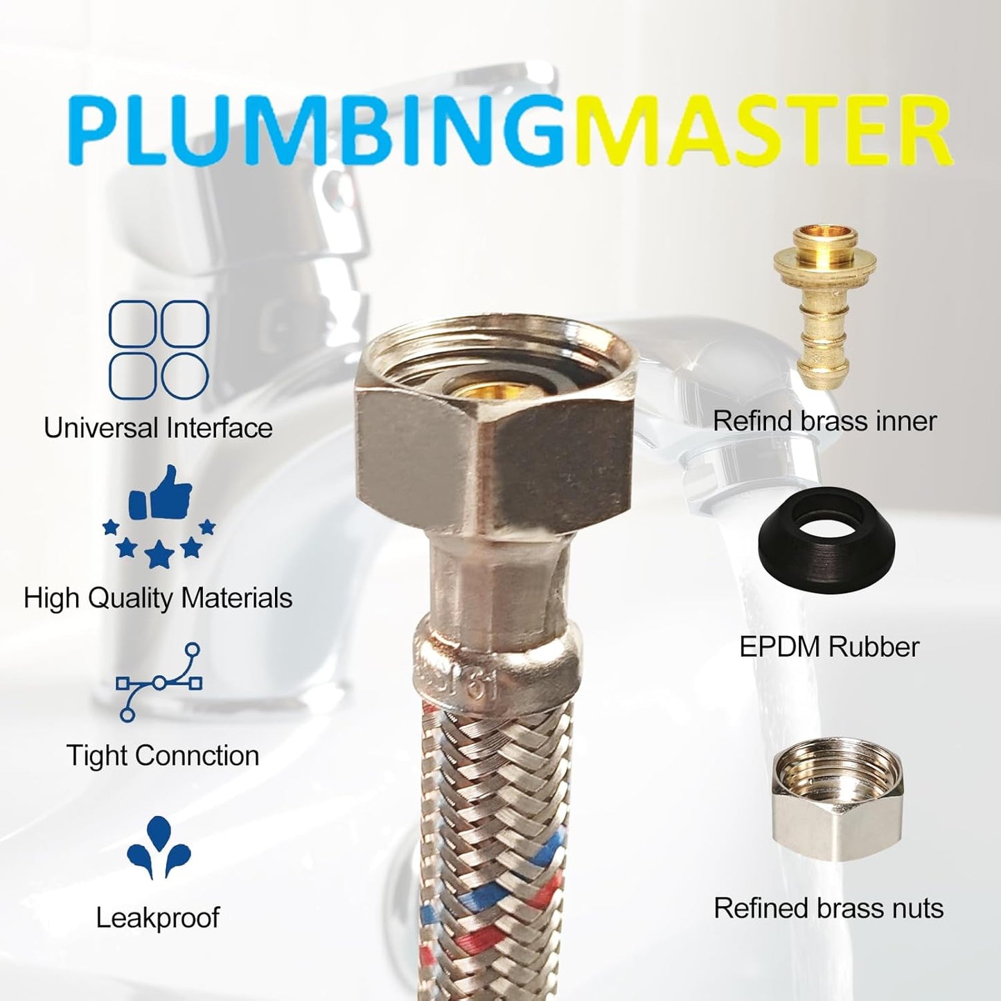16'' Faucet Hose Connector, 3/8" Comp x 1/2" FIP Braided Stainless Steel Faucet Water Supply Lines for Bathroom Kitchen Sink Faucet 2Pcs