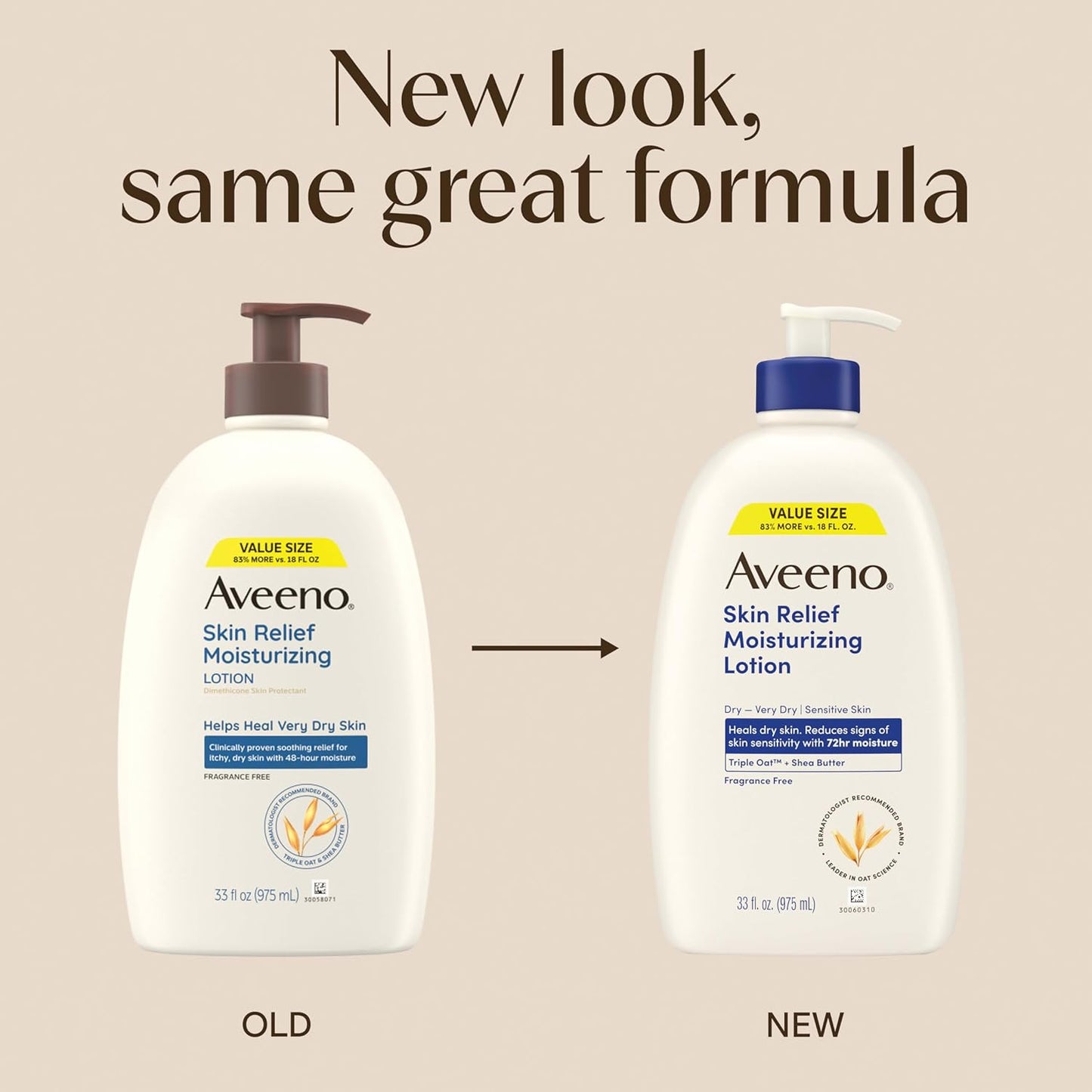 Aveeno Skin Relief Moisturizing Lotion Heals Very Dry, Sensitive Skin, Fast-Absorbing Body Lotion with Triple Oat & Shea Butter, Fragrance Free, Non-Comedogenic, Value Size, 33 fl. oz