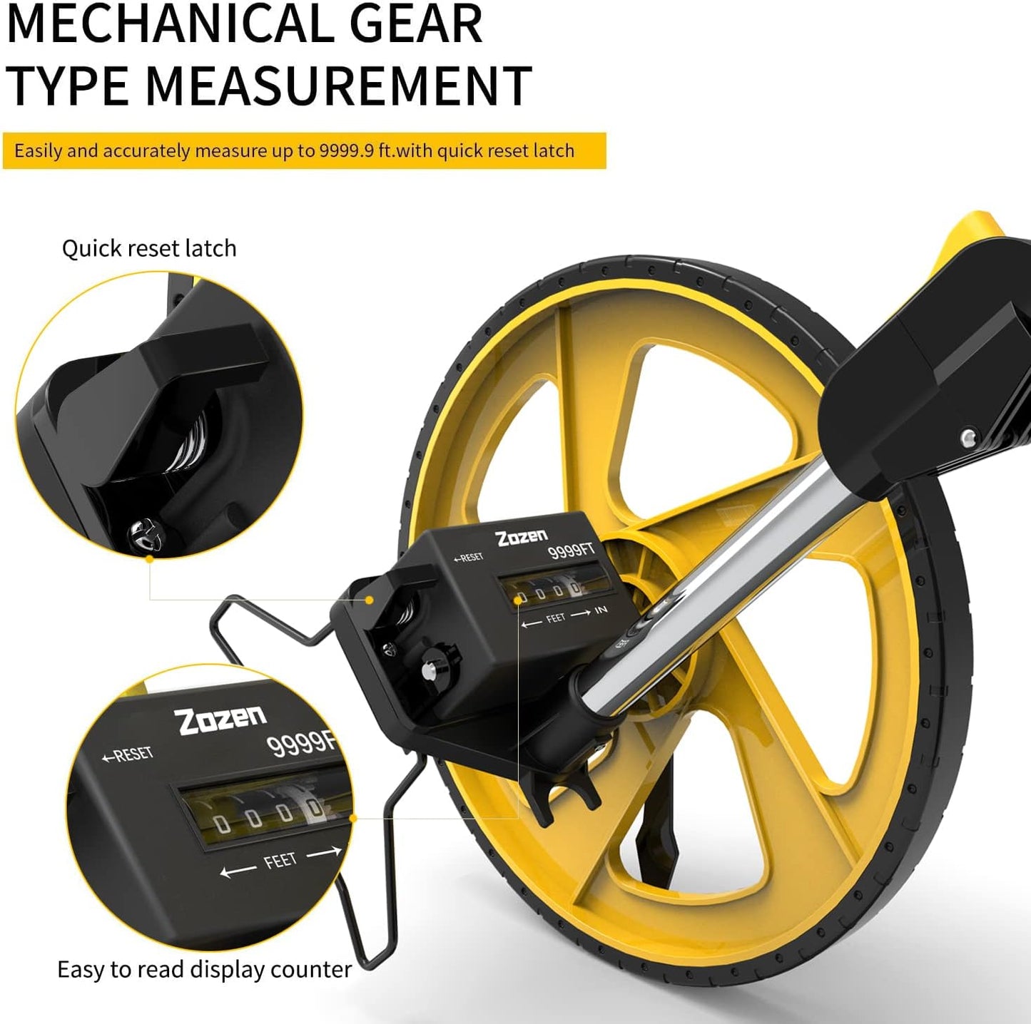 Zozen Measuring Wheel in Feet and Inches, Mechanical/Double Collapsible/One Key to Reset/Kickstand to Keep Stand/Starting Point Arrow and Cloth Carrying Bag, 0-9,999 Ft Measure Wheel.