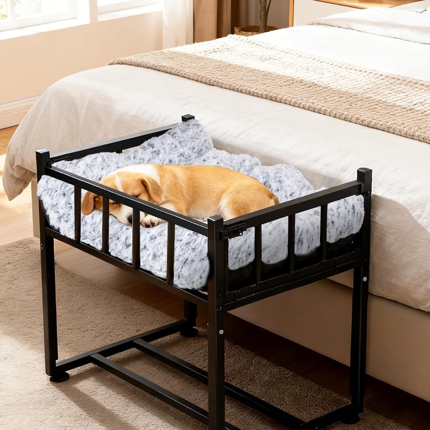 Beside Dog Bed and Mattress Set - Metal Three-Sided Fence Pet Dogs Bed Frame, Adjustable Height Dogs Bed Extension Attachment for Human Bed, for Small/Medium Puppy(25.5''L x 17.7''W)