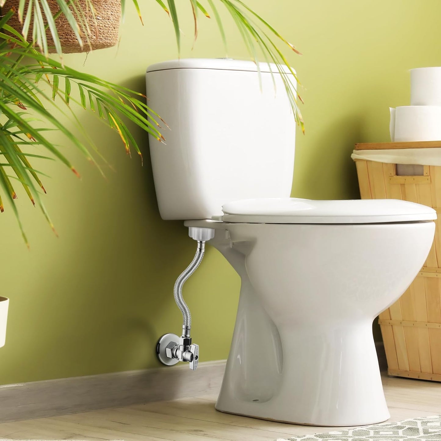 1 Pack Complete Toilet Valve Set, Includes 1/2'' Nom Inlet x 3/8'' OD Compression Outlet Angle Shut Off, 7/8" BC x 3/8" COMP Toilet Water Supply Line, Escutcheon Plate, Sealing Tape (9 Inch)