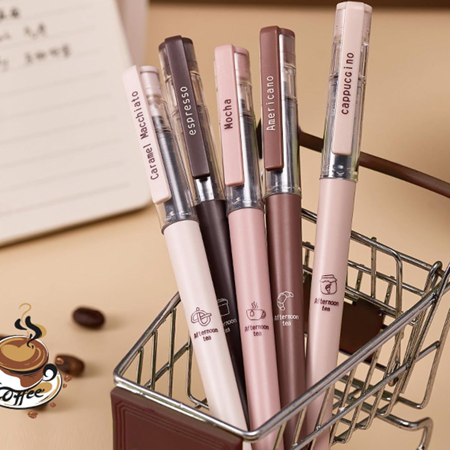 6 Pcs Rolling Ball Pens Cute Coffee Liquid Ink Rollerball Pens Cartoon 0.5 mm Black Ink Pen Quick Drying Smooth Writing Pen Office School Supplies (Coffee)