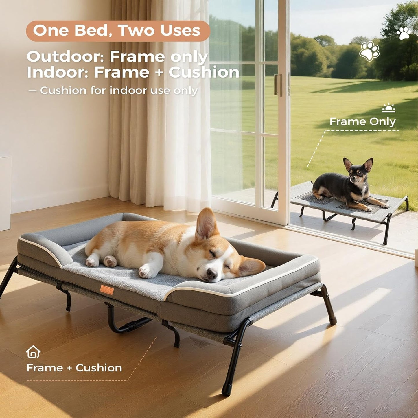 Lekereise Raised Dog Bed for Medium Dog 42x29 Inch, Orthopedic Pet Beds with Waterproof Egg Crate Foam, Removable Dogs Couch Bed for Indoor Outdoor, 2-in-1 Design, Load 70lb, Grey