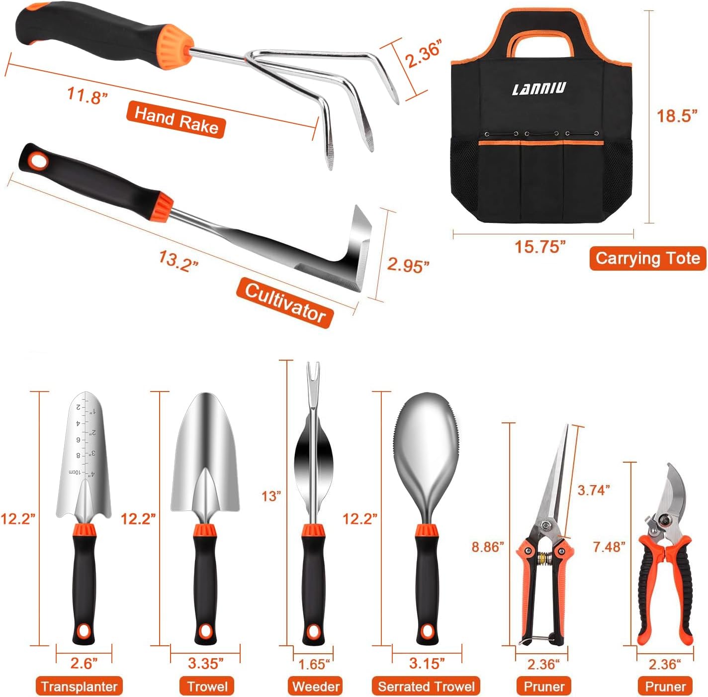 9 Piece Garden Tool Set - Heavy Duty Stainless Steel Gardening Hand Tools with Ergonomic Non-Slip Rubber Handles, Pruning Shears, Trowel and 600D Storage Tote Bag, Gardening Gifts for Women