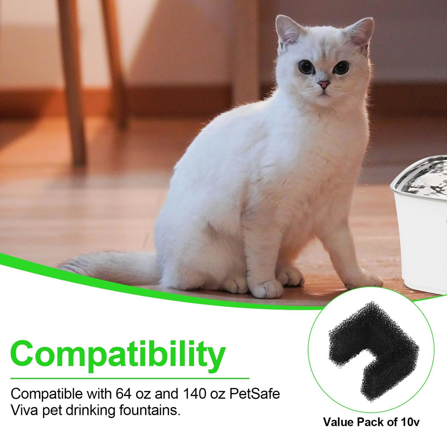 10pcs Cat Foam Filter Replacement for Pet Water Fountain, Black Pet Dog Drinking Water Fountain Sponge Filters Compatible with PetSafe Viva 64oz & 140oz Drinking Fountain