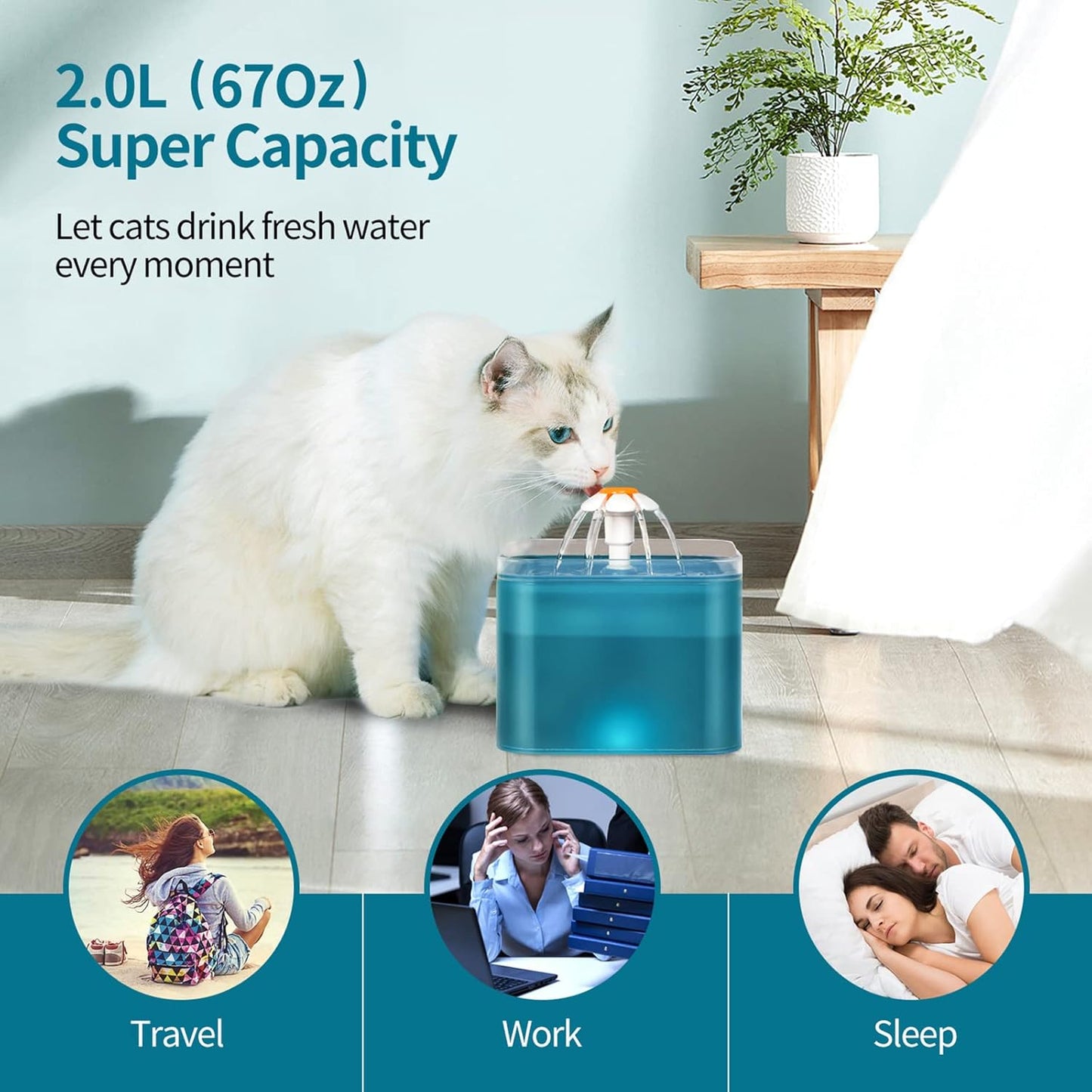 2L Cat Water Fountain, Automatic Pet Water Fountain with Flower Faucet Kit, Quiet Dog Water Drinking Dispenser with Flow Control for Dogs Cats, Orange