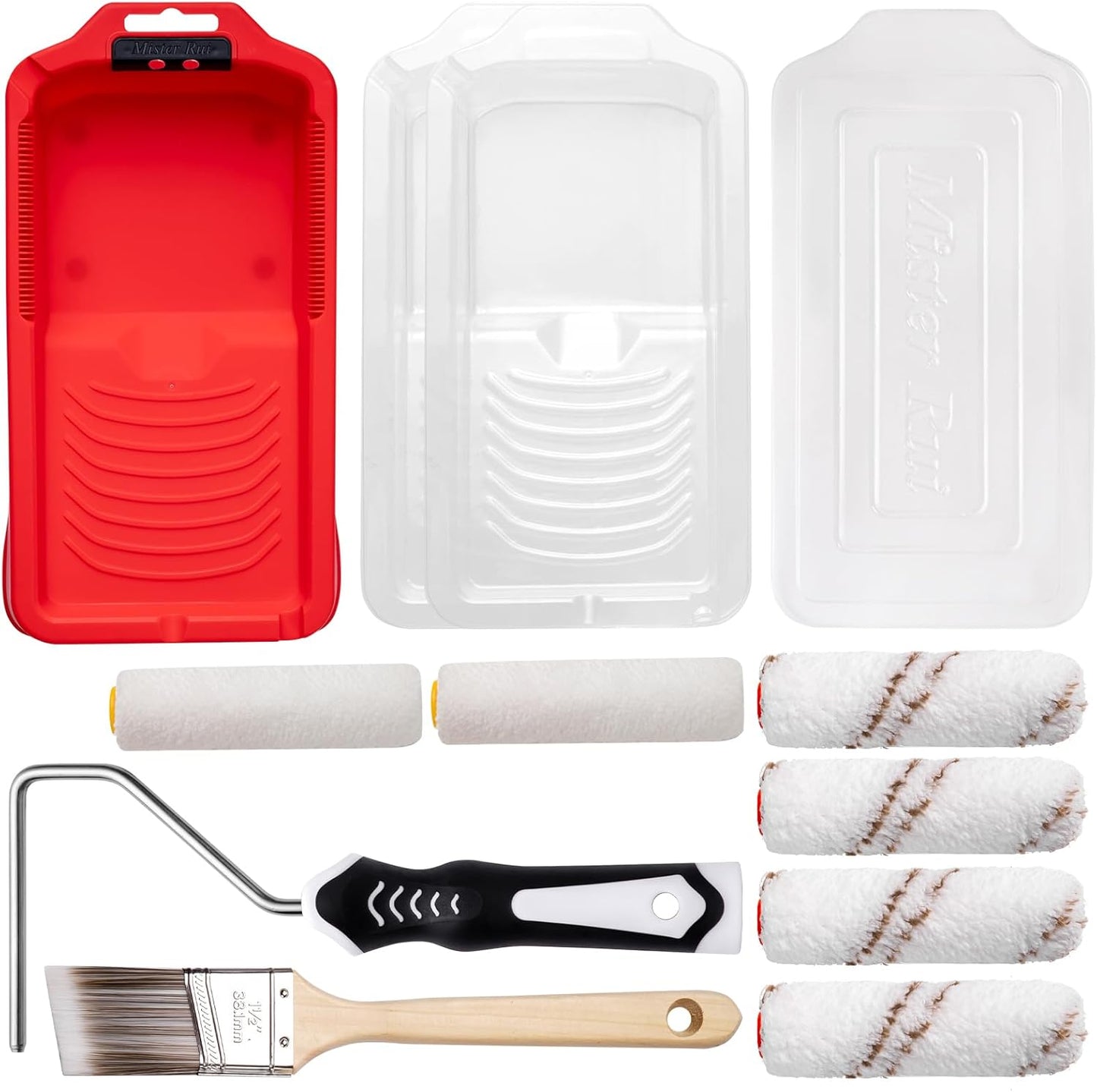 Mister Rui 4 Inch Paint Roller Kit, 12-Piece Mini Roller Set with 6 Microfiber Sleeves, Tray, Liner & Cover, Handle, 1.5" Angled Brush - for Walls, Cabinets, DIY & Pro Painting