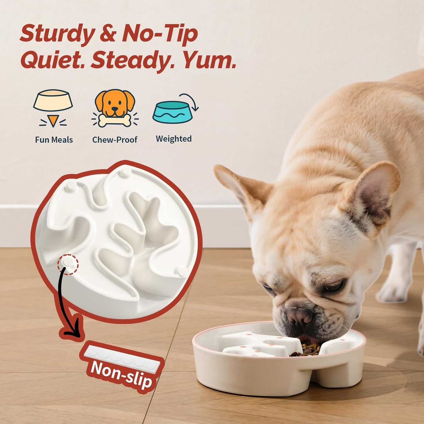 Ceramic Slow Feeder Dog Bowl - Portion Control Feeding Bowl for Medium Dogs - Cute Maze Food Dish for Fast Eaters - 3.1 Cups (310 g) - Doodle Series (Strawberry)
