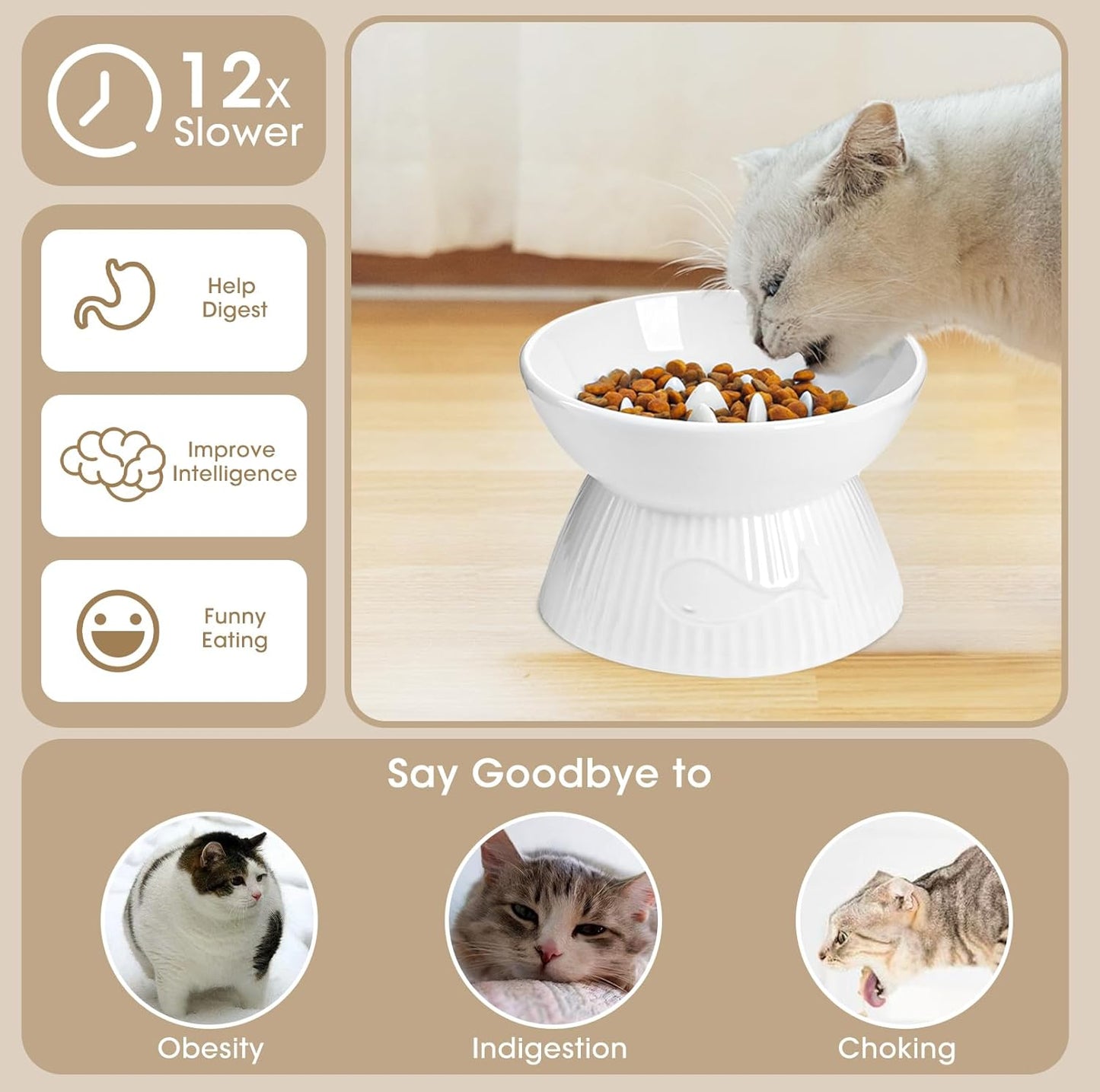 Raised Cat Slow Feeder, Ceramic Slow Feeder Cat Bowl, Upgraded Ridges to Prevent Vomiting and Indigestion, No Spill High Edge for Dry/Wet Food, Heavy and Stable, Easy to Clean Pet Bowls