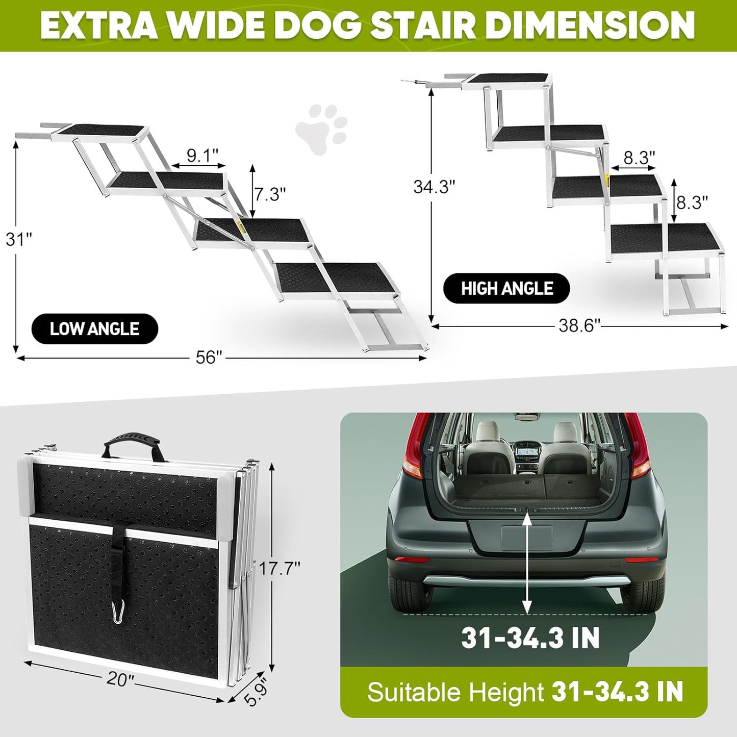 Joyrally Extra Wide Dog Stairs for Large Dogs,Foldable Dog Ramp for Car, Pet Steps Light Weight Aluminum,High Beds,for SUV Trucks, Supports up to 200 lbs (for The Trunk of The Car Only)