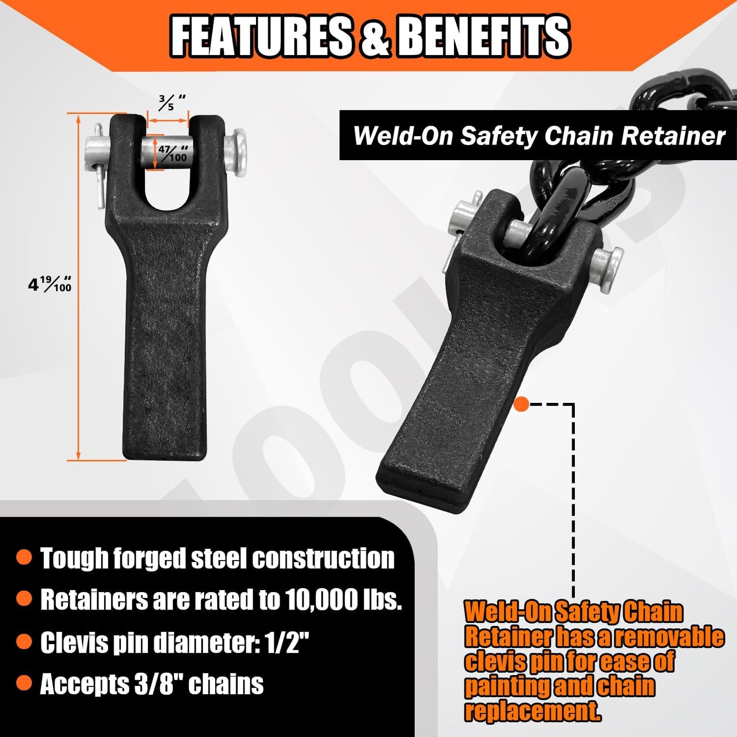 Heavy Duty 2-Pack 36 Inch Grade 80 Trailer Safety Chain with 3/8'' Red Clevis Snap Hook and Chain Retainer - WLL 25,000 lbs